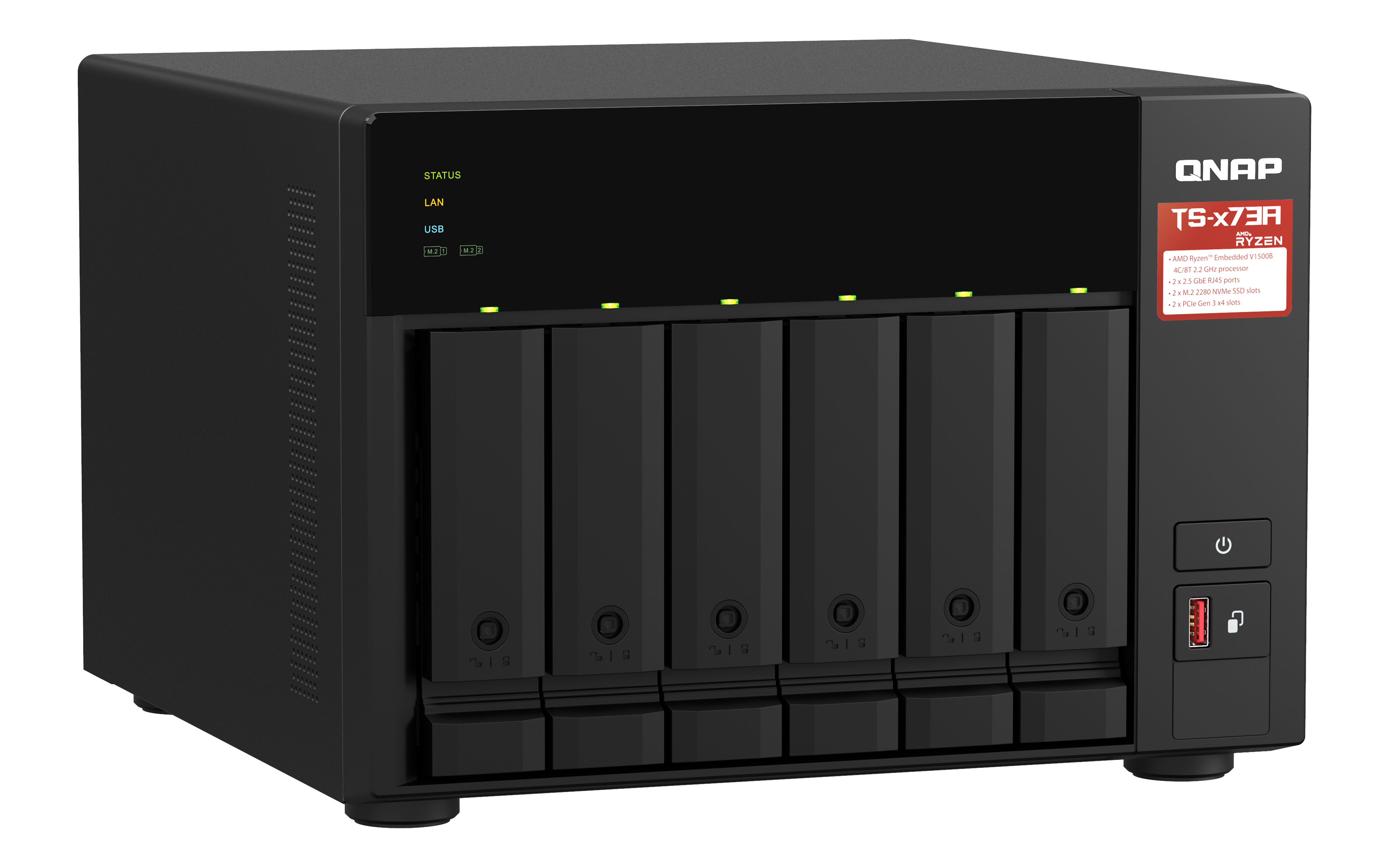 Dispositivo NAS QNAP negro con múltiples bahías de disco, luces indicadoras y puerto USB.