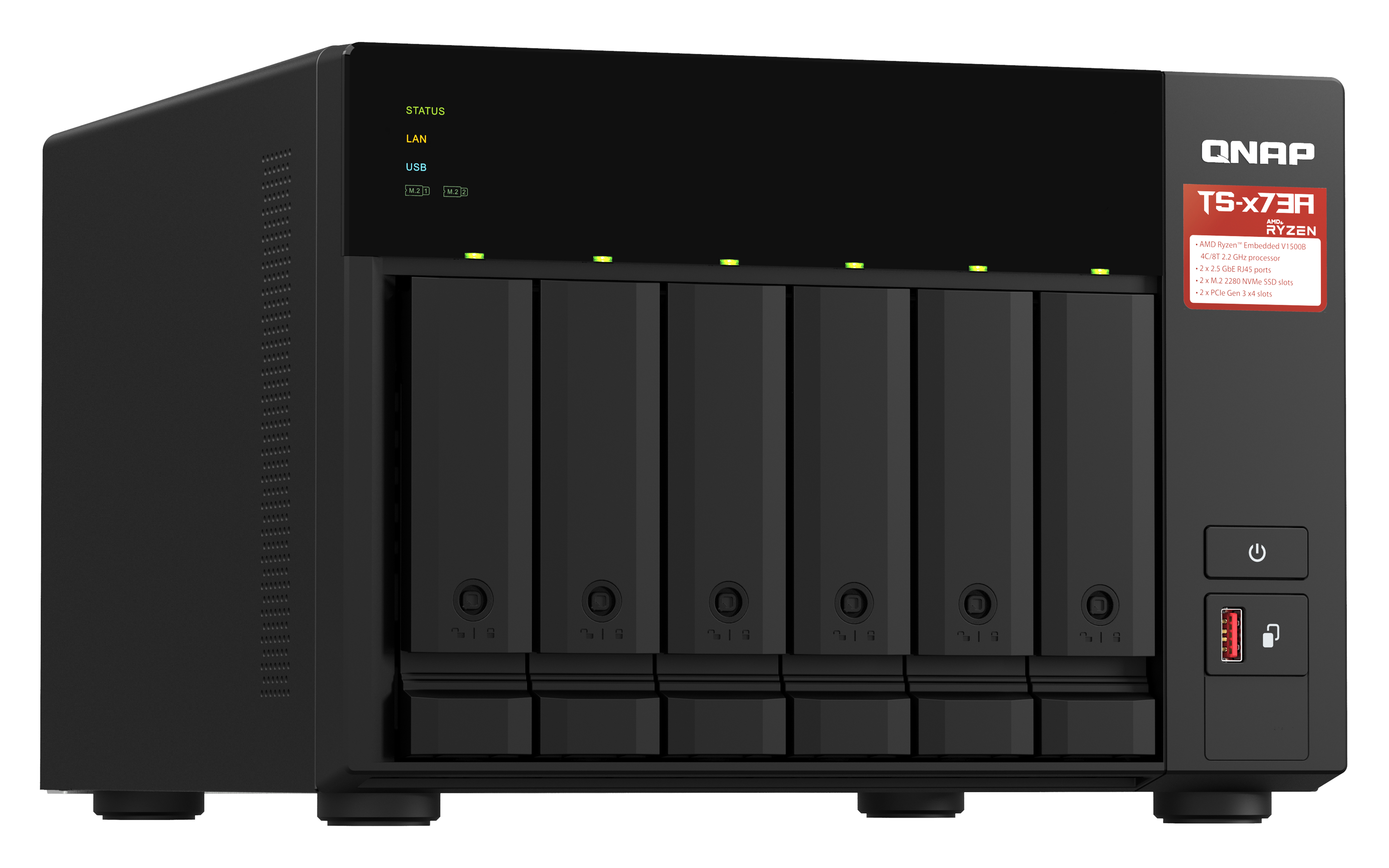 Un servidor NAS QNAP TS-x73A negro. Tiene varias bahías de disco y botones en el panel frontal.