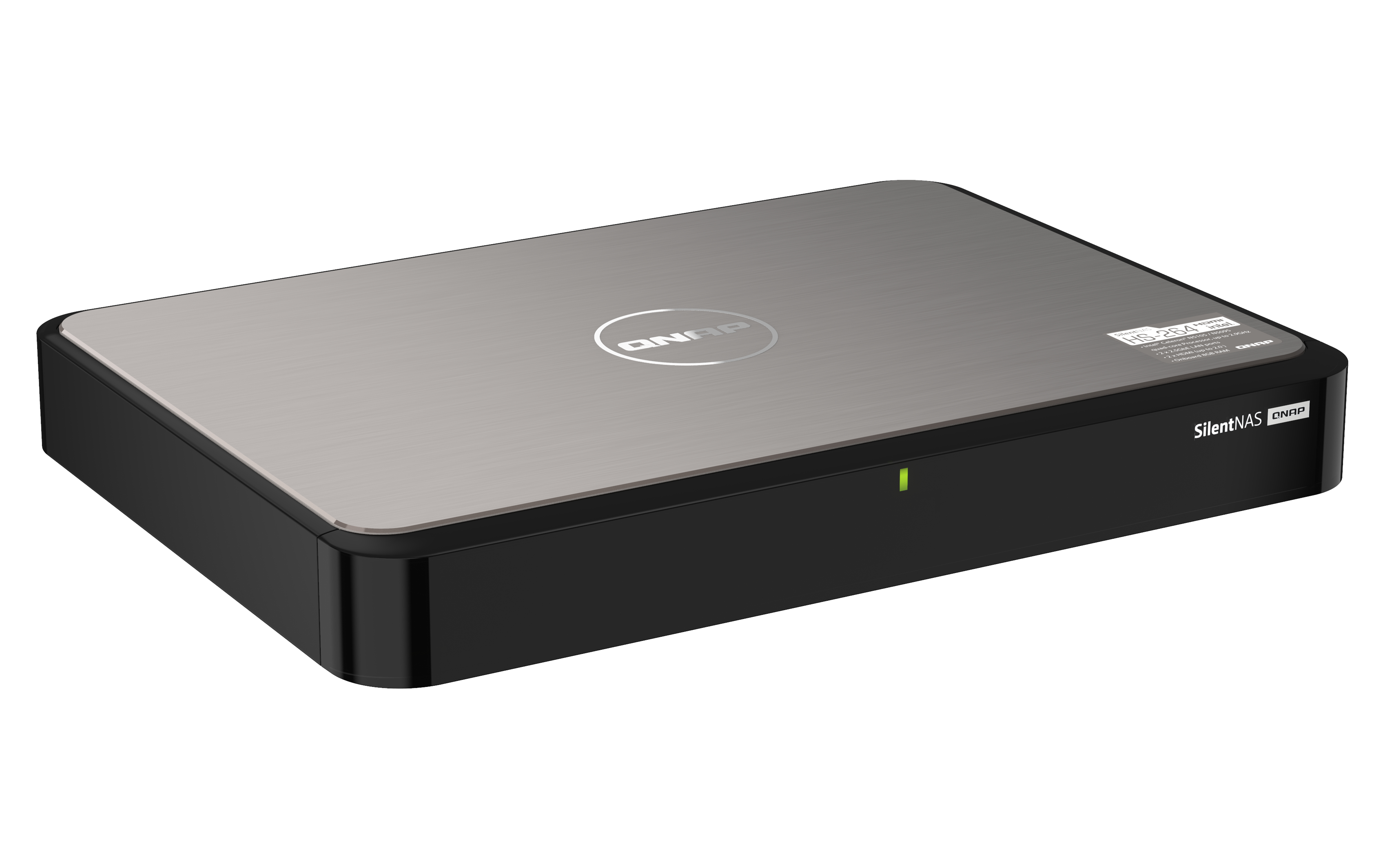 QNAP Silent NAS noir avec dessus argenté, témoin lumineux et marque du produit sur fond blanc.