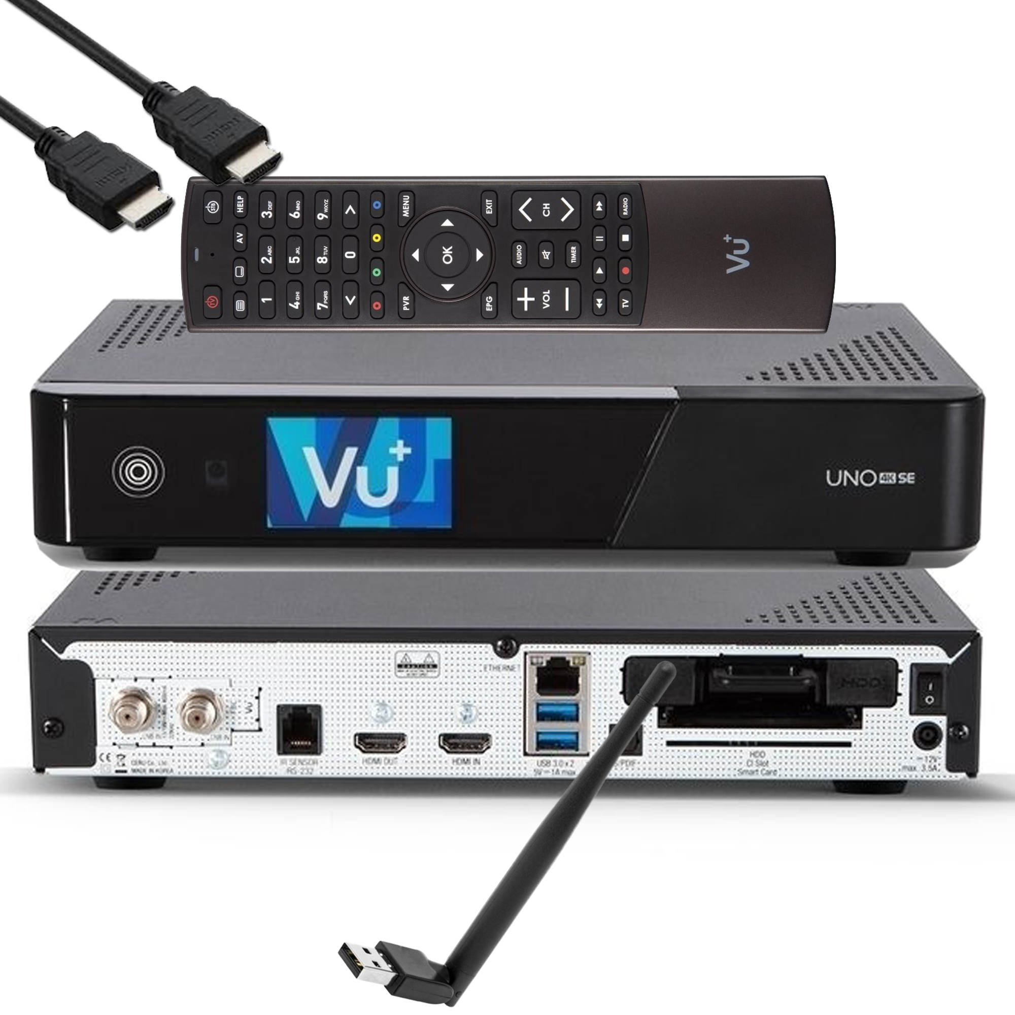 Ein silberner und schwarzer Receiver mit Fernbedienung, Kabeln und WLAN-Antenne. 'Vu+'.