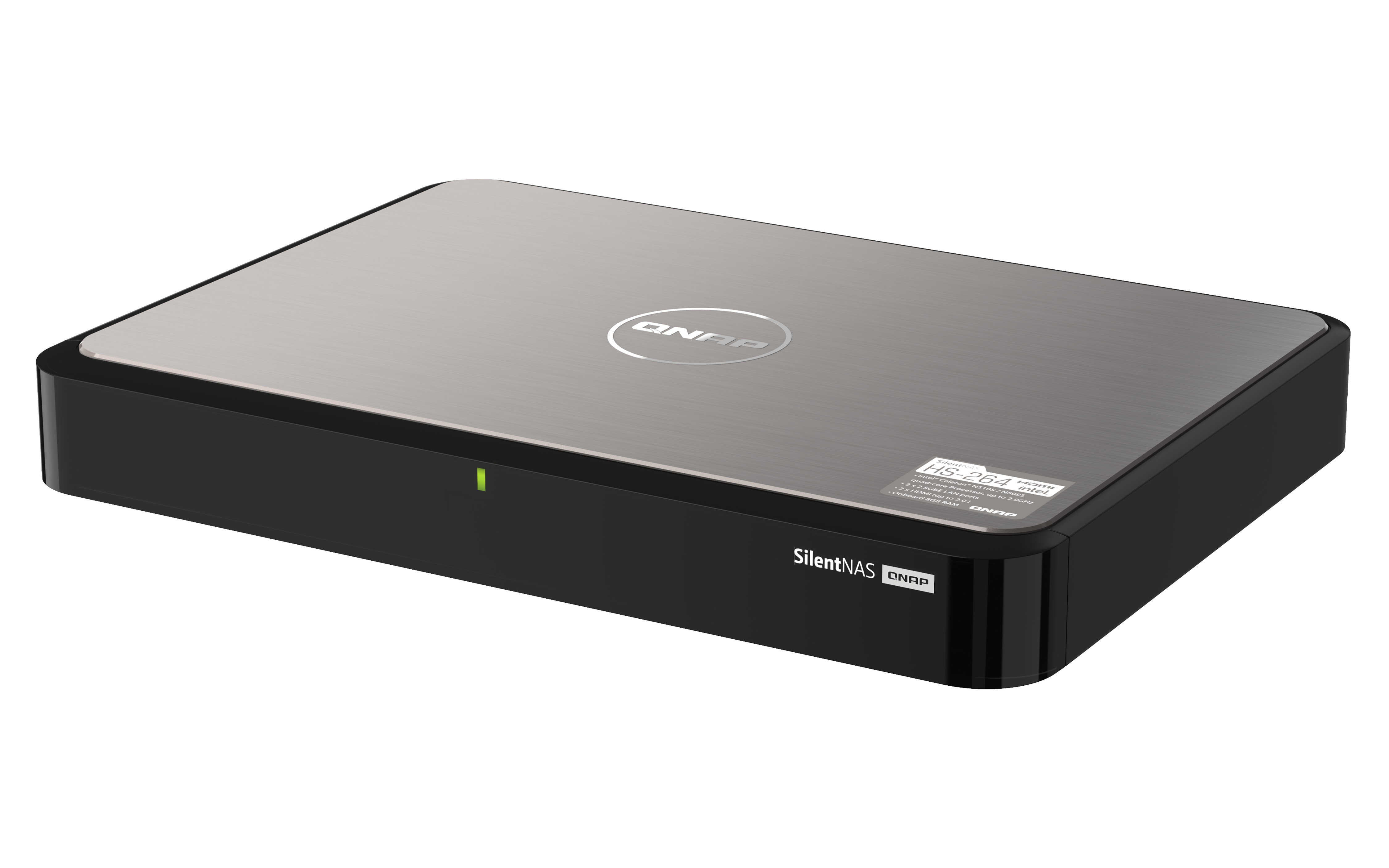 QNAP Silent NAS noir avec dessus argenté, témoin lumineux et marque du produit sur fond blanc.