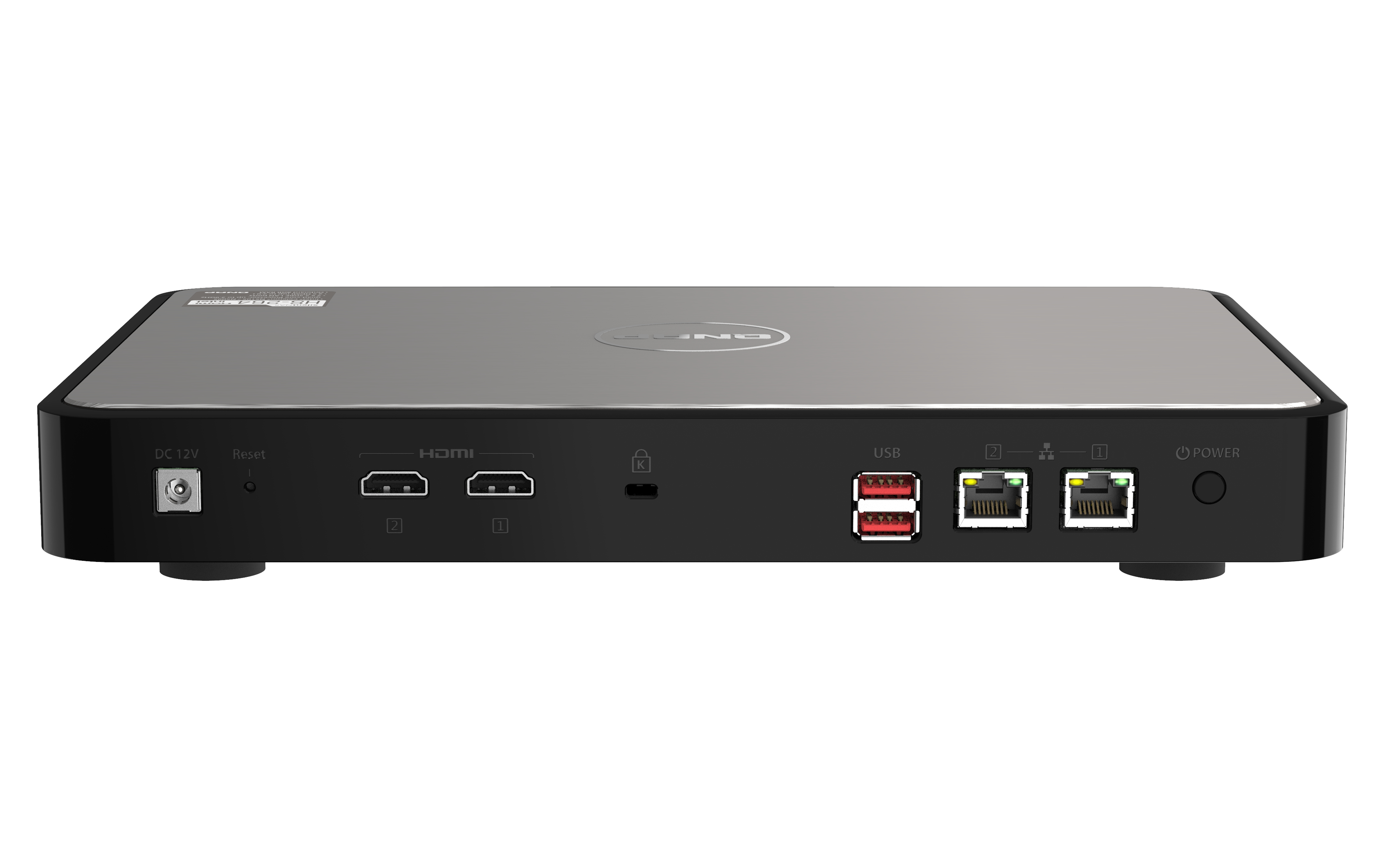 Vue arrière du QNAP Silent NAS noir avec ports, témoin lumineux et marque sur fond blanc.
