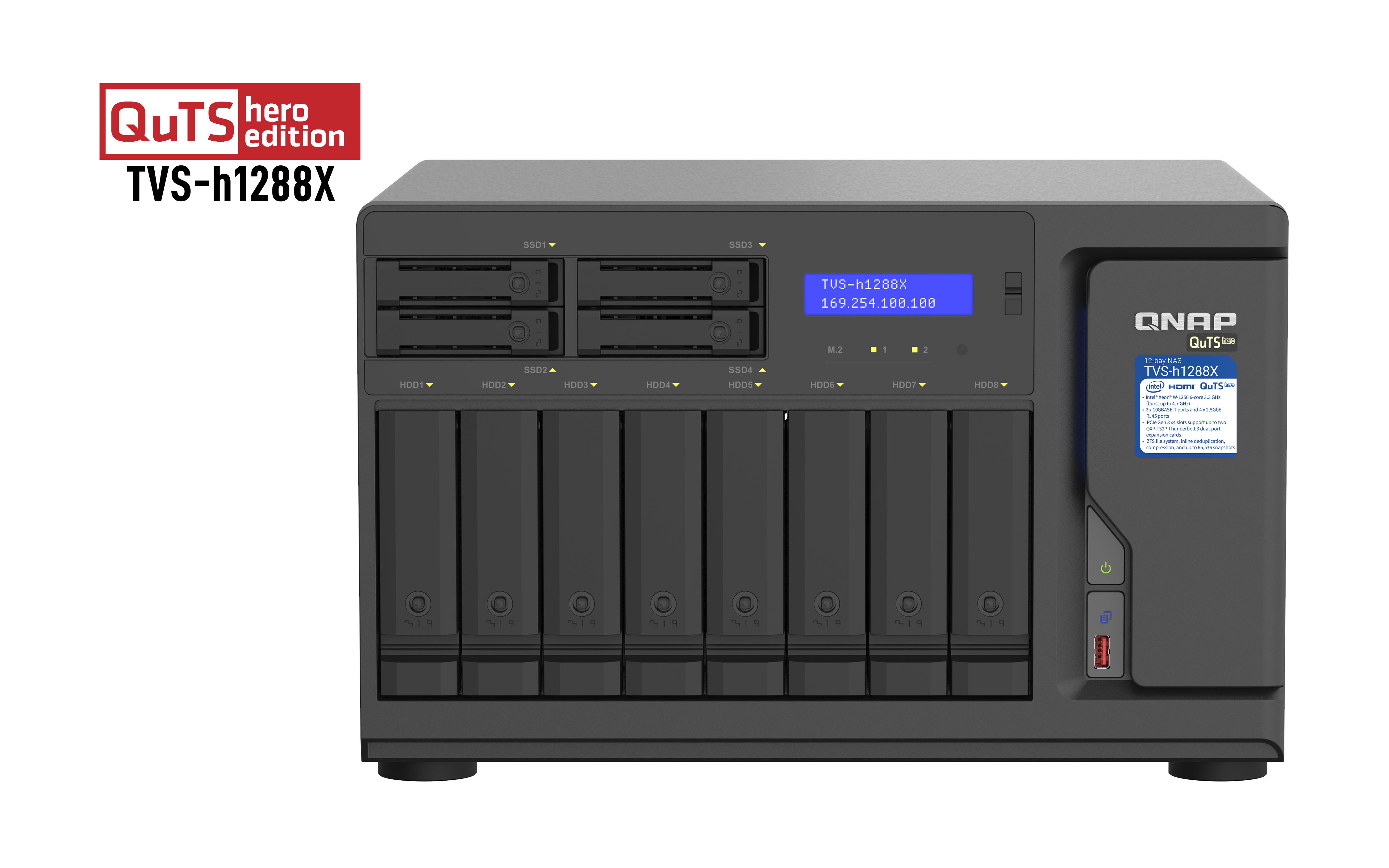 Schwarzes QNAP TVS-h1288X NAS mit Laufwerksschächten, einem Bildschirm und Branding auf weißem Hintergrund.