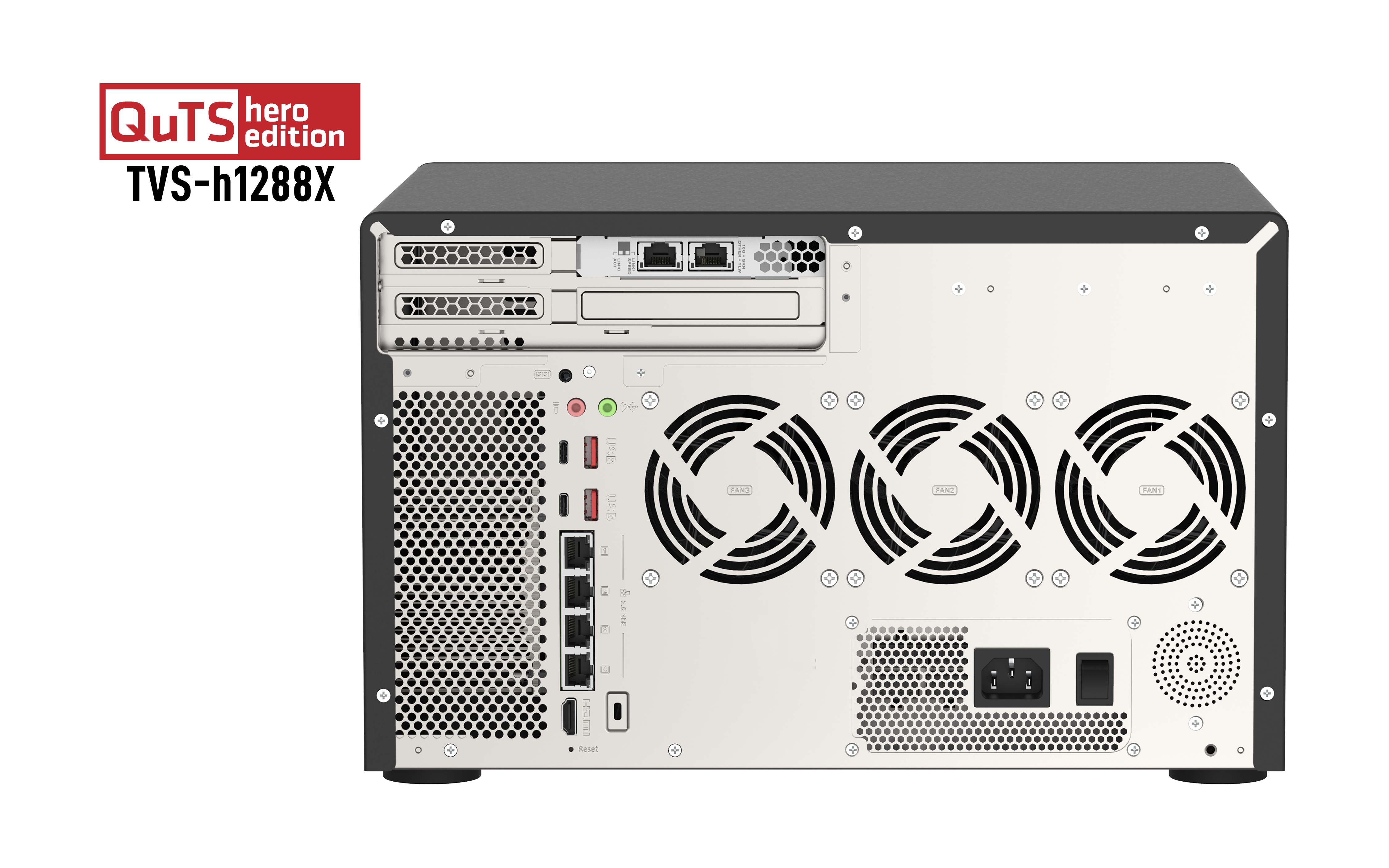 Rückansicht eines schwarzen QNAP TVS-h1288X NAS mit Anschlüssen, Lüftern und Belüftung vor einem weißen Hintergrund.