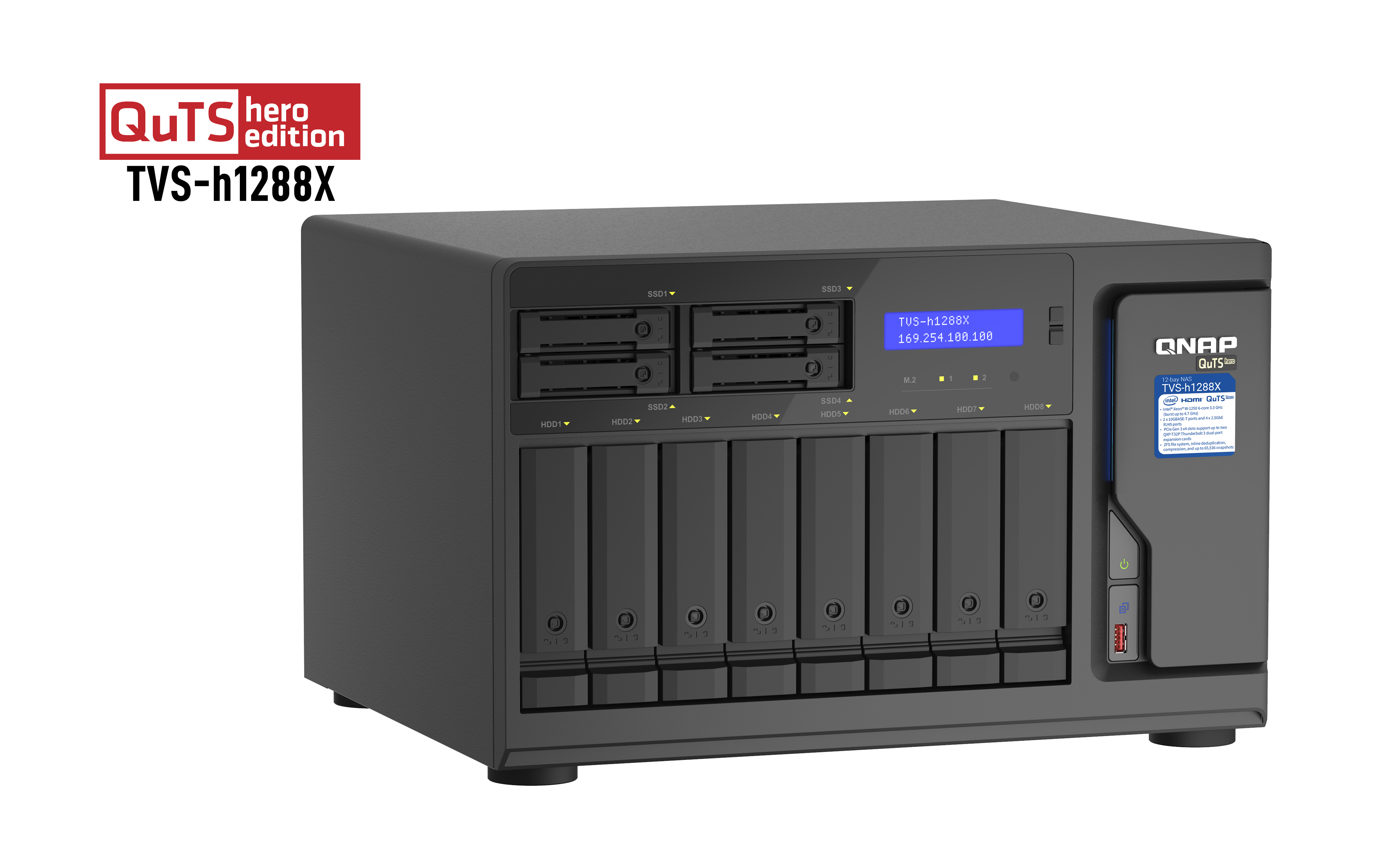 Schwarzes QNAP TVS-h1288X NAS mit Laufwerksschächten, einem Bildschirm und Branding auf weißem Hintergrund.