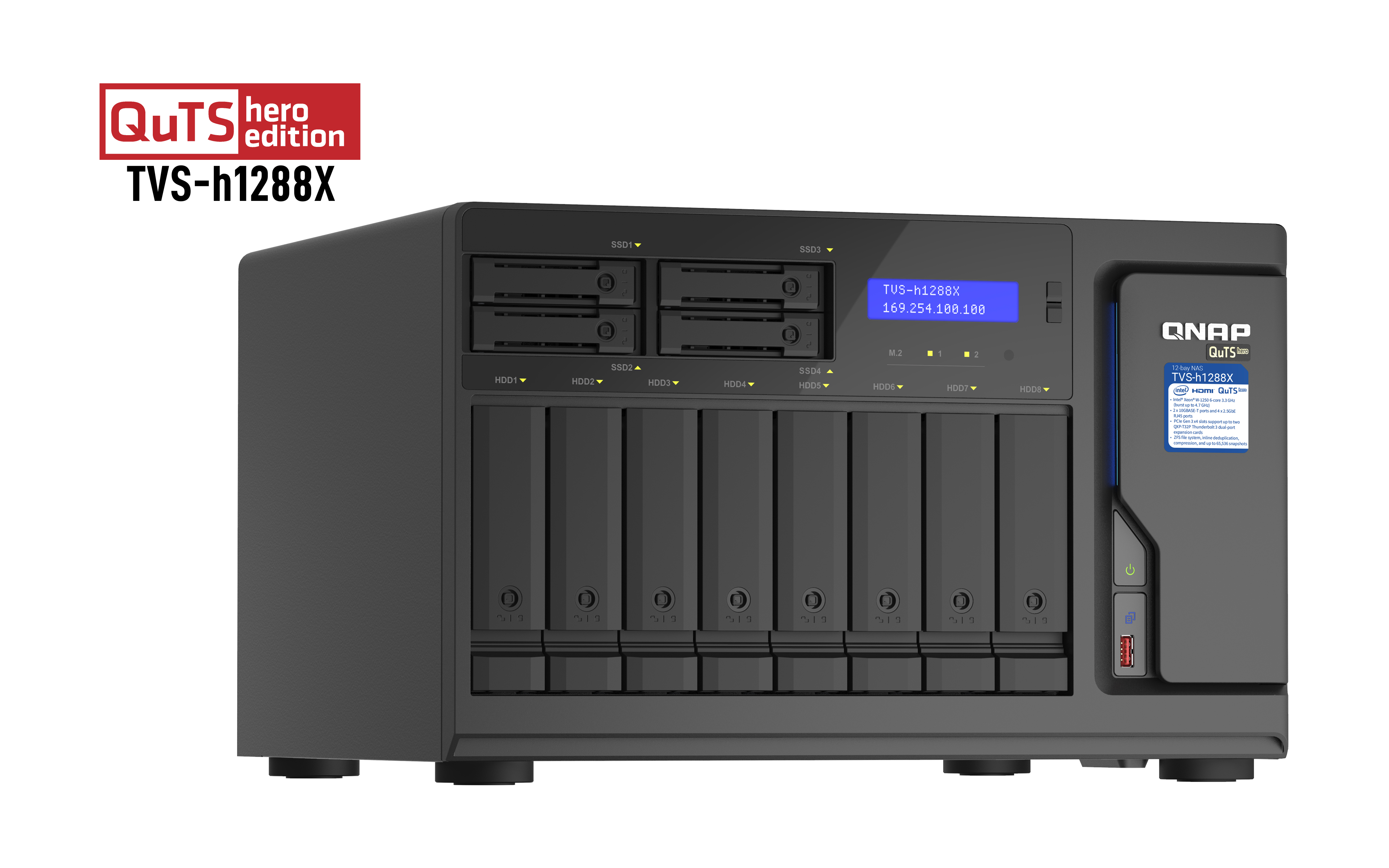 Schwarzes QNAP TVS-h1288X NAS mit Laufwerksschächten, einem Bildschirm und Branding auf weißem Hintergrund.