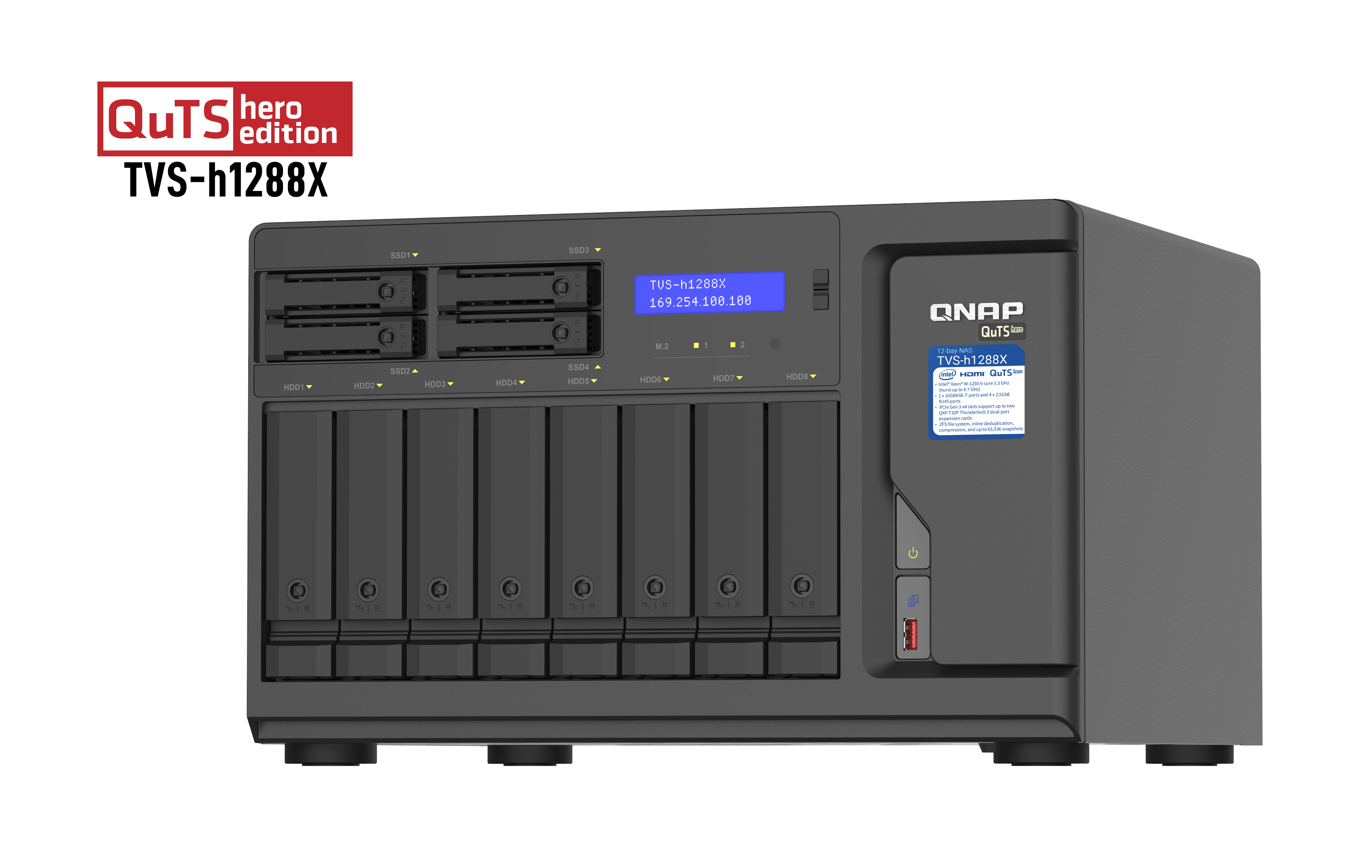 Schwarzes QNAP TVS-h1288X NAS mit Laufwerksschächten, einem Bildschirm und Branding auf weißem Hintergrund.