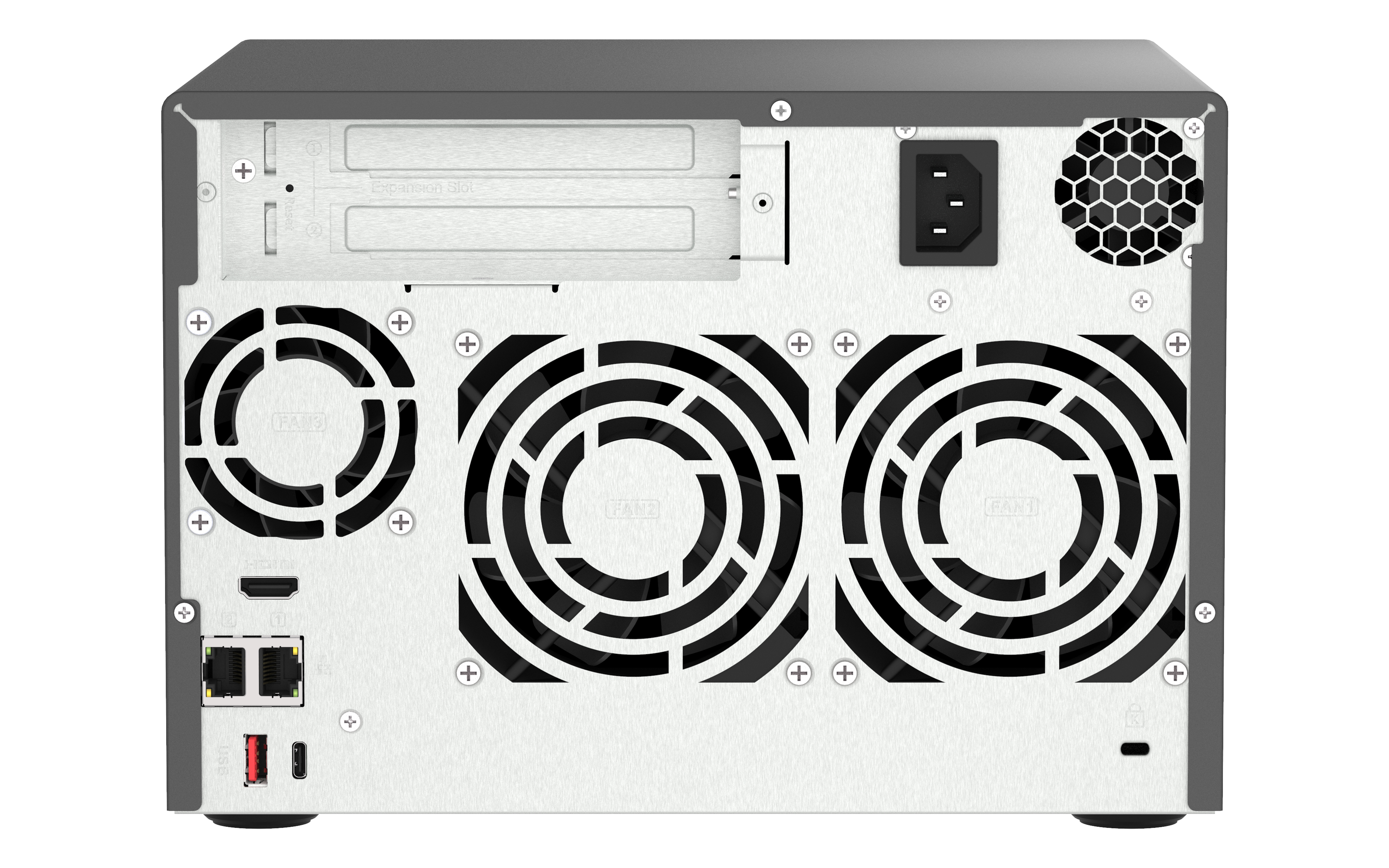 Rückansicht eines QNAP NAS-Servers mit Lüftern und Anschlüssen auf weißem Hintergrund.