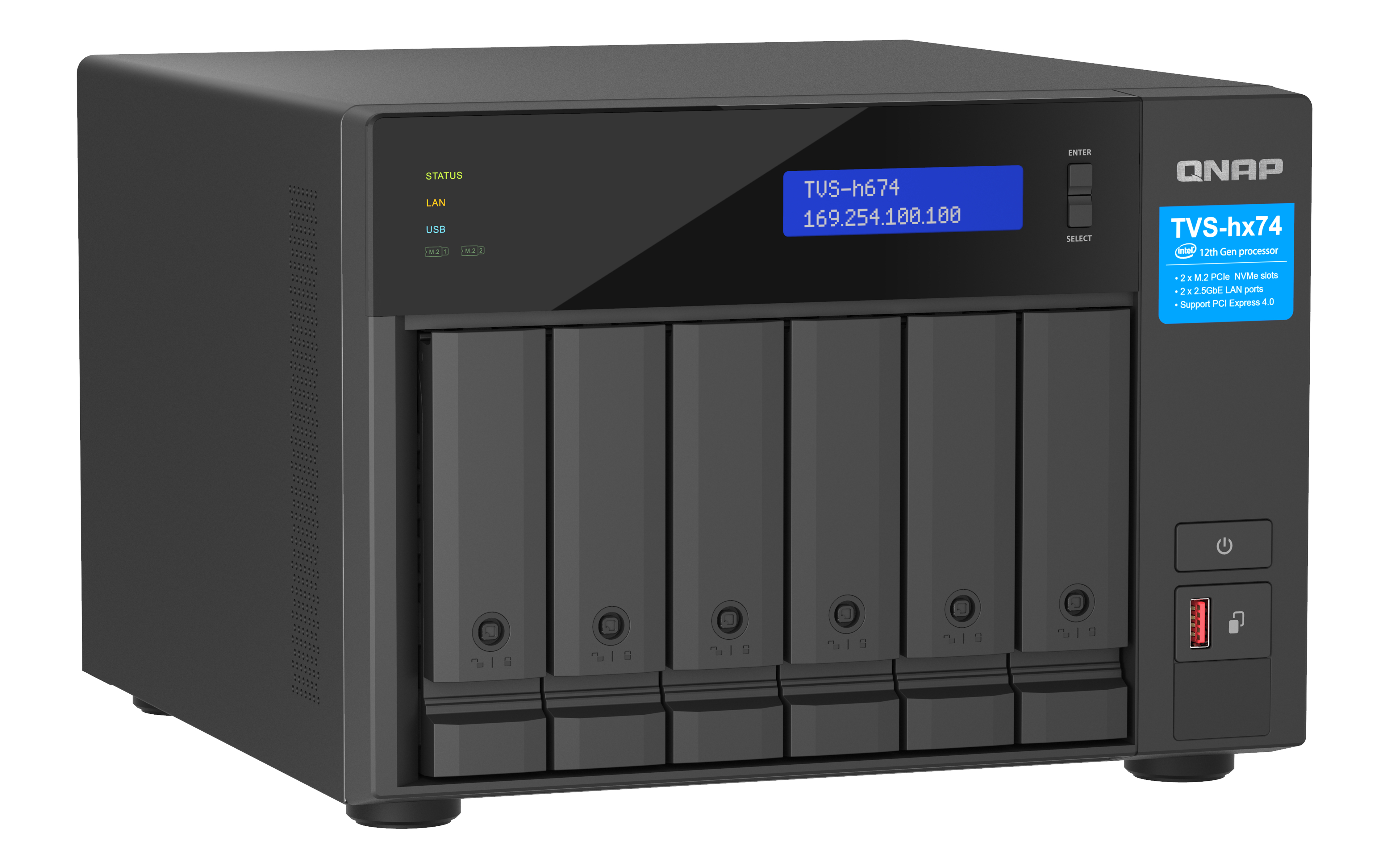 Schwarzer QNAP NAS-Server mit 6 Laufwerksschächten, Display und USB-Anschluss vor weißem Hintergrund.
