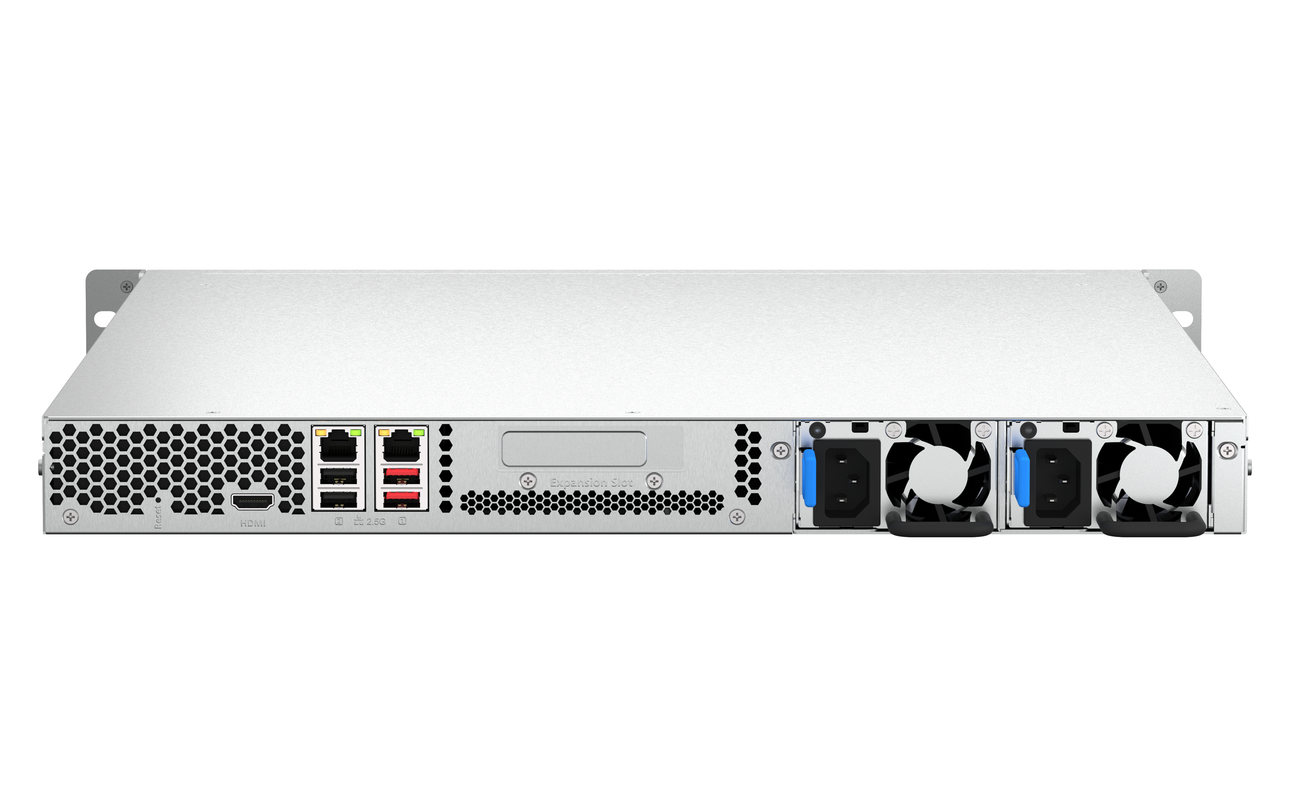 Vista posteriore di un server NAS argentato. Porte, ventole e ingresso di alimentazione visibili. Sfondo bianco.