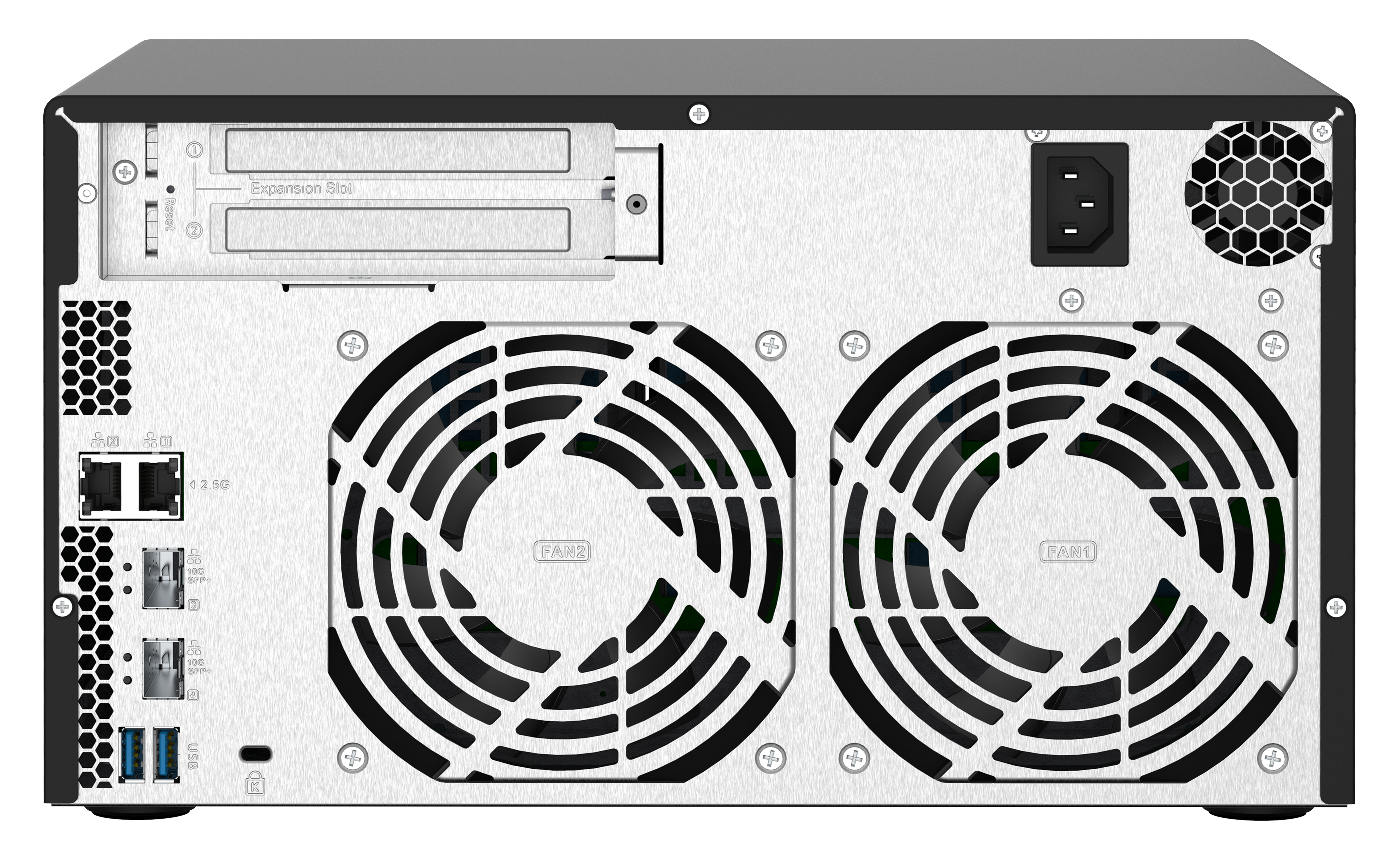Rückansicht eines schwarzen NAS-Servers. Zeigt Anschlüsse, Lüfter und Stromeingang. Weißer Hintergrund.