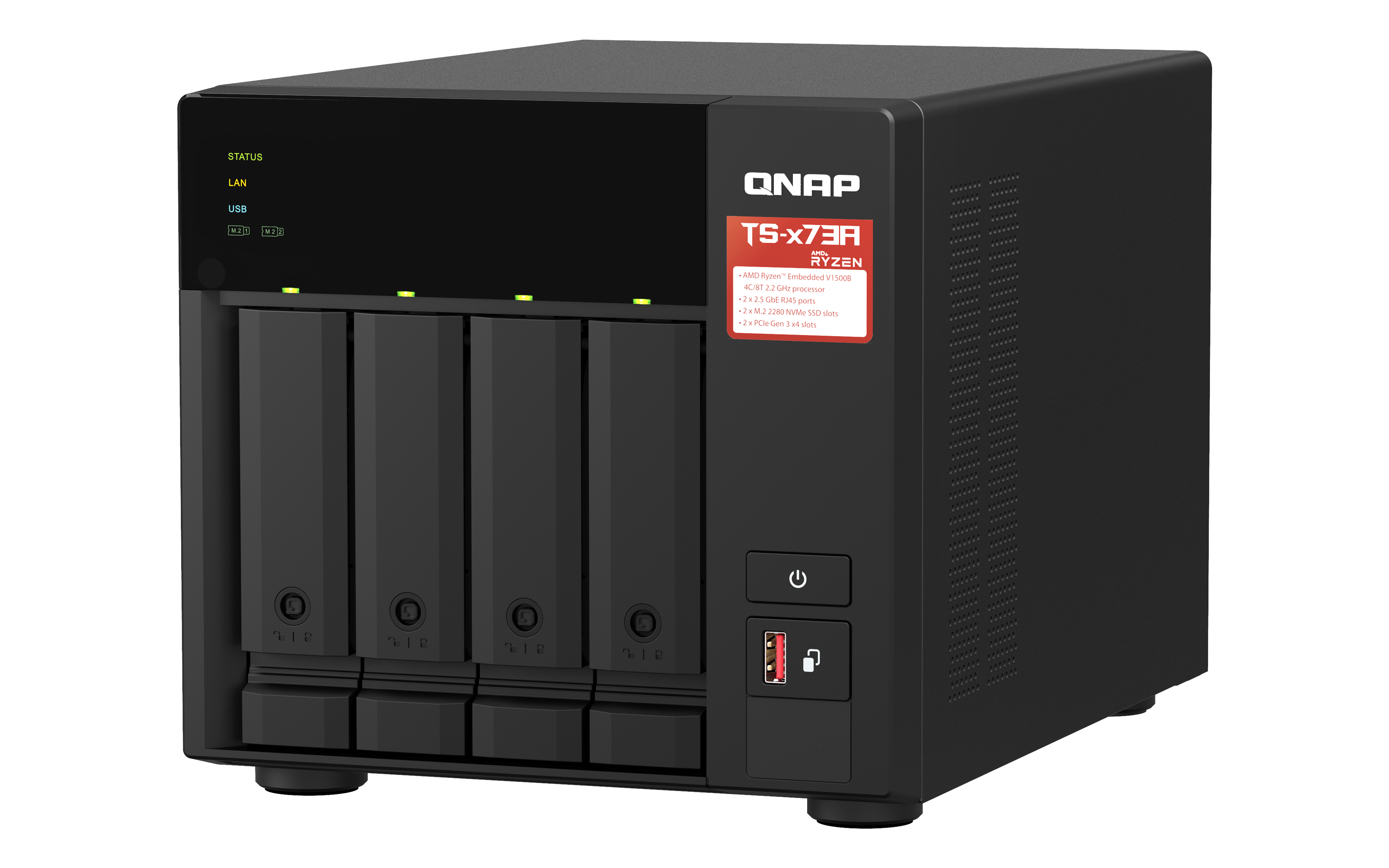QNAP TS-X73R NAS, negro, con bahías de unidad, botón de encendido e indicadores de estado.
