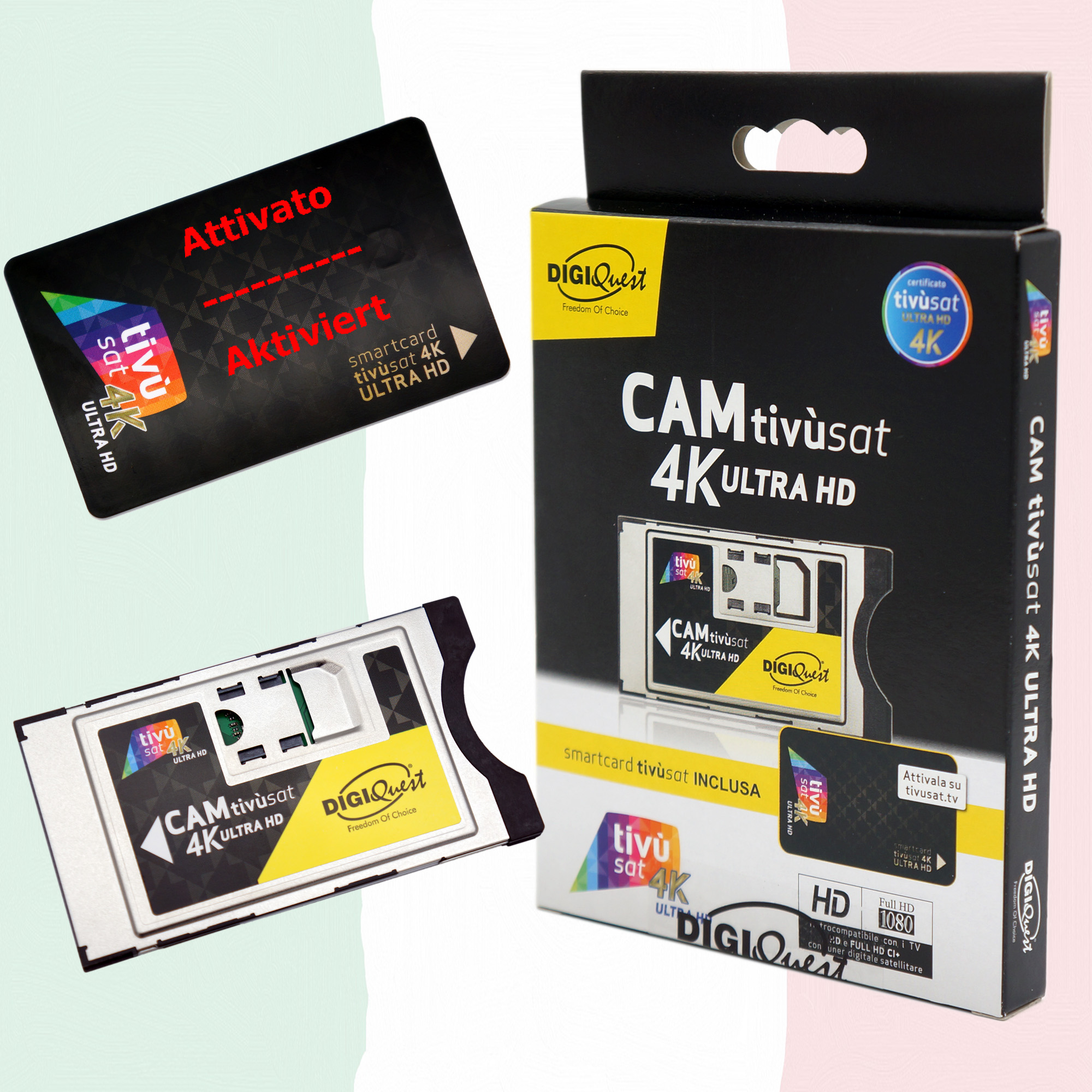 Boxed Smartcard für Tivusat 4K Ultra HD, mit Karten und Lesegerät, und Verpackung.