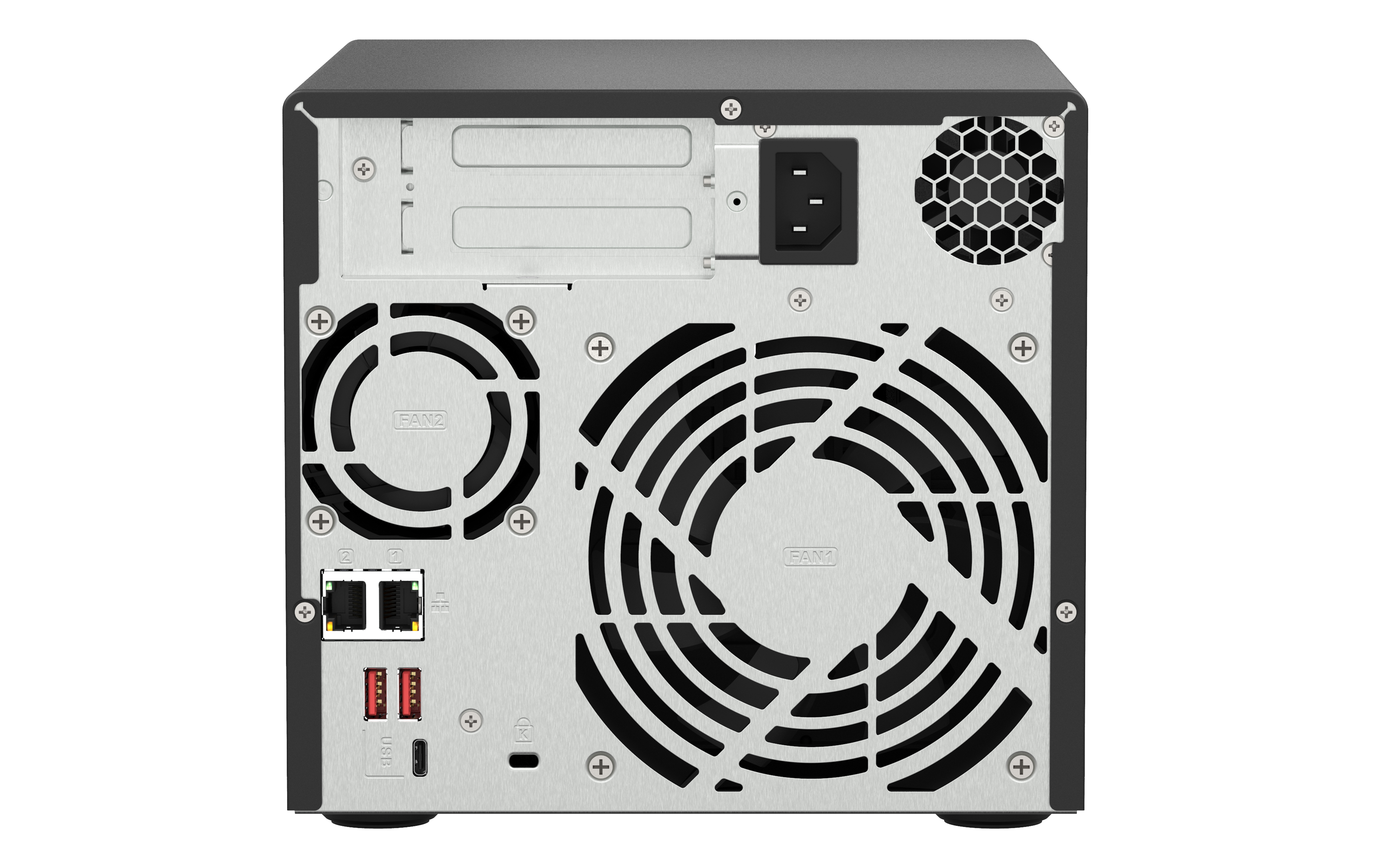 Parte trasera de un servidor NAS con ventiladores, puertos y entrada de energía.