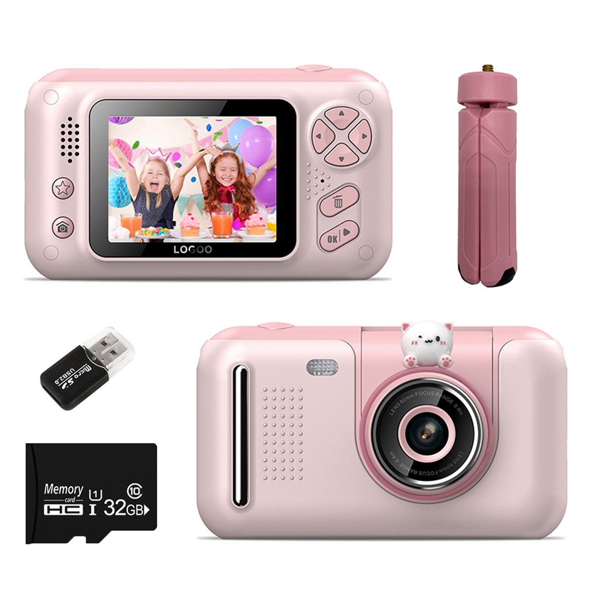 Różowy aparat dla dzieci i akcesoria. Aparat wyświetla zdjęcie na ekranie. Zawiera statyw i kartę SD.