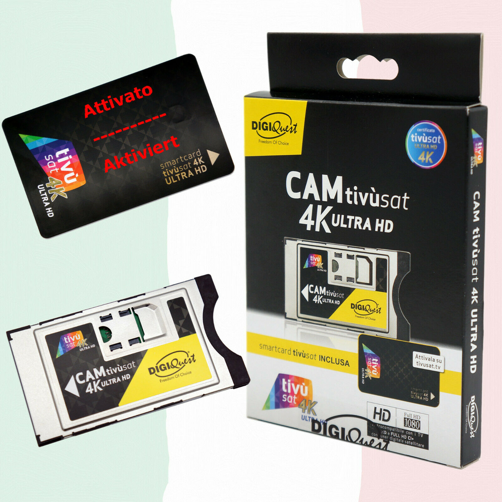 Karte mit Text 'Attivato/Aktiviert' und Smartcard und Box mit 'CAM tivùsat 4K ULTRA HD'.
