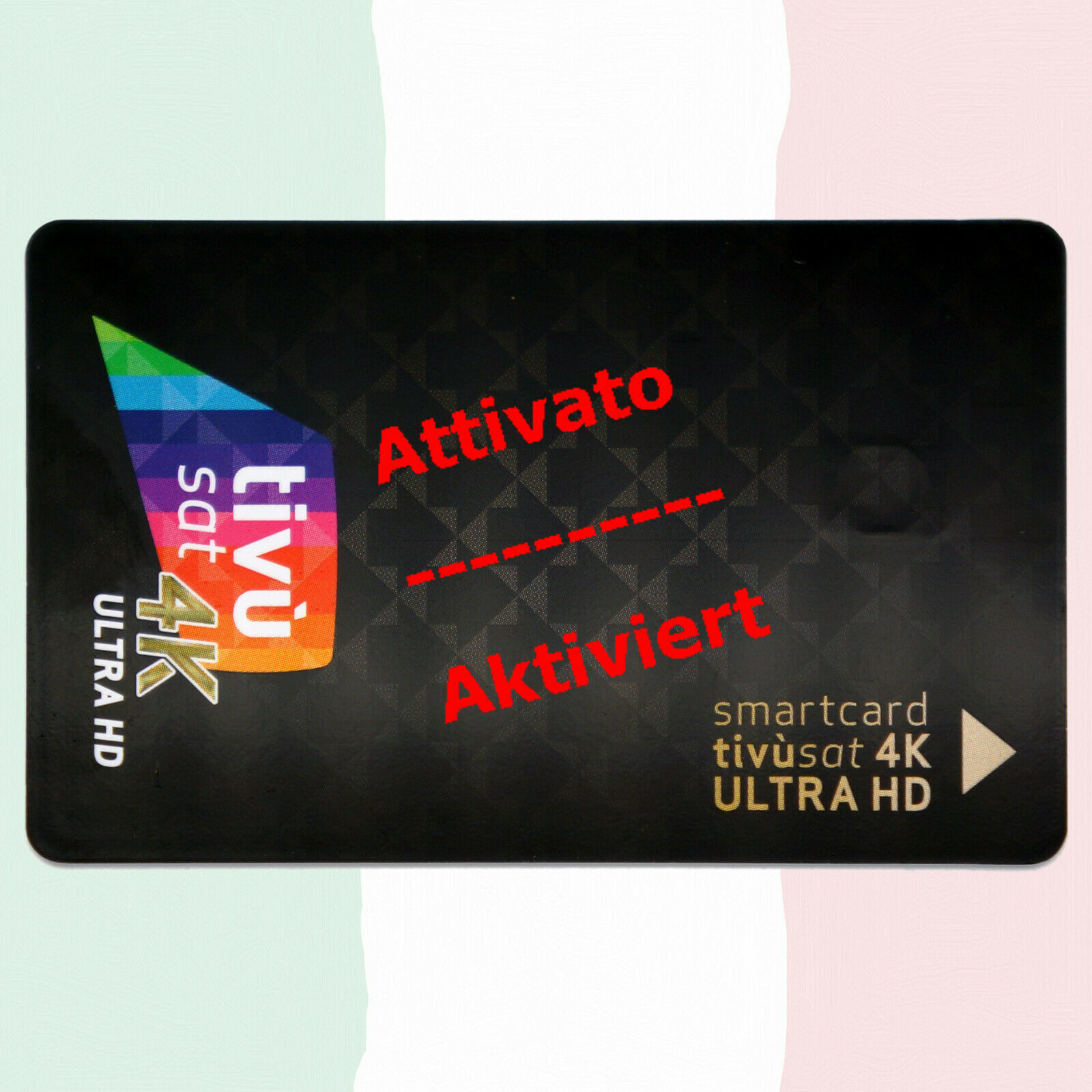 Schwarze Smartcard mit farbenfrohem Logo, das Wort ist auf Italienisch und Deutsch aktiviert.