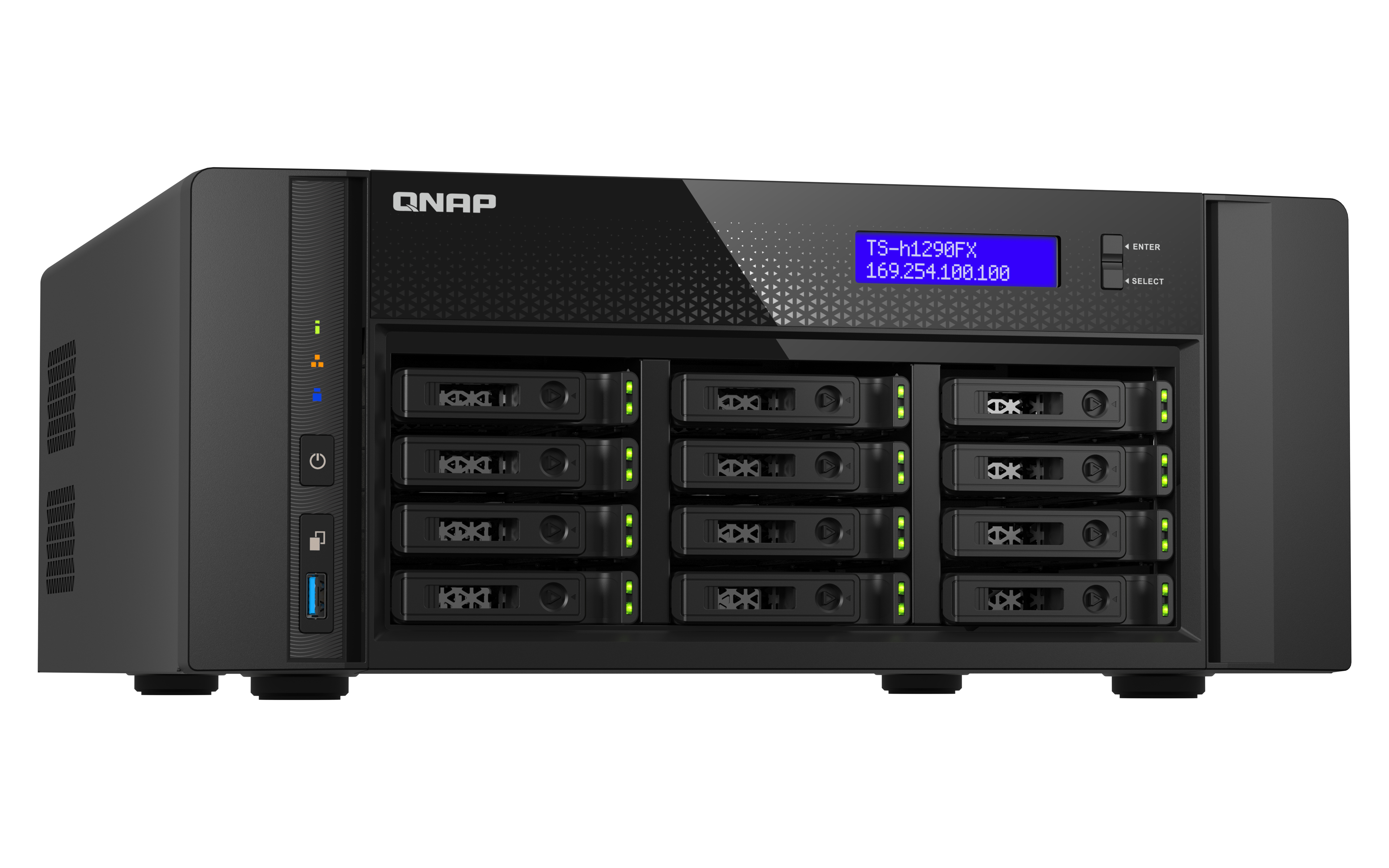 Schwarzer QNAP NAS-Server. Vorderseite mit Bildschirm, 12 Einschüben. Weißer Hintergrund.