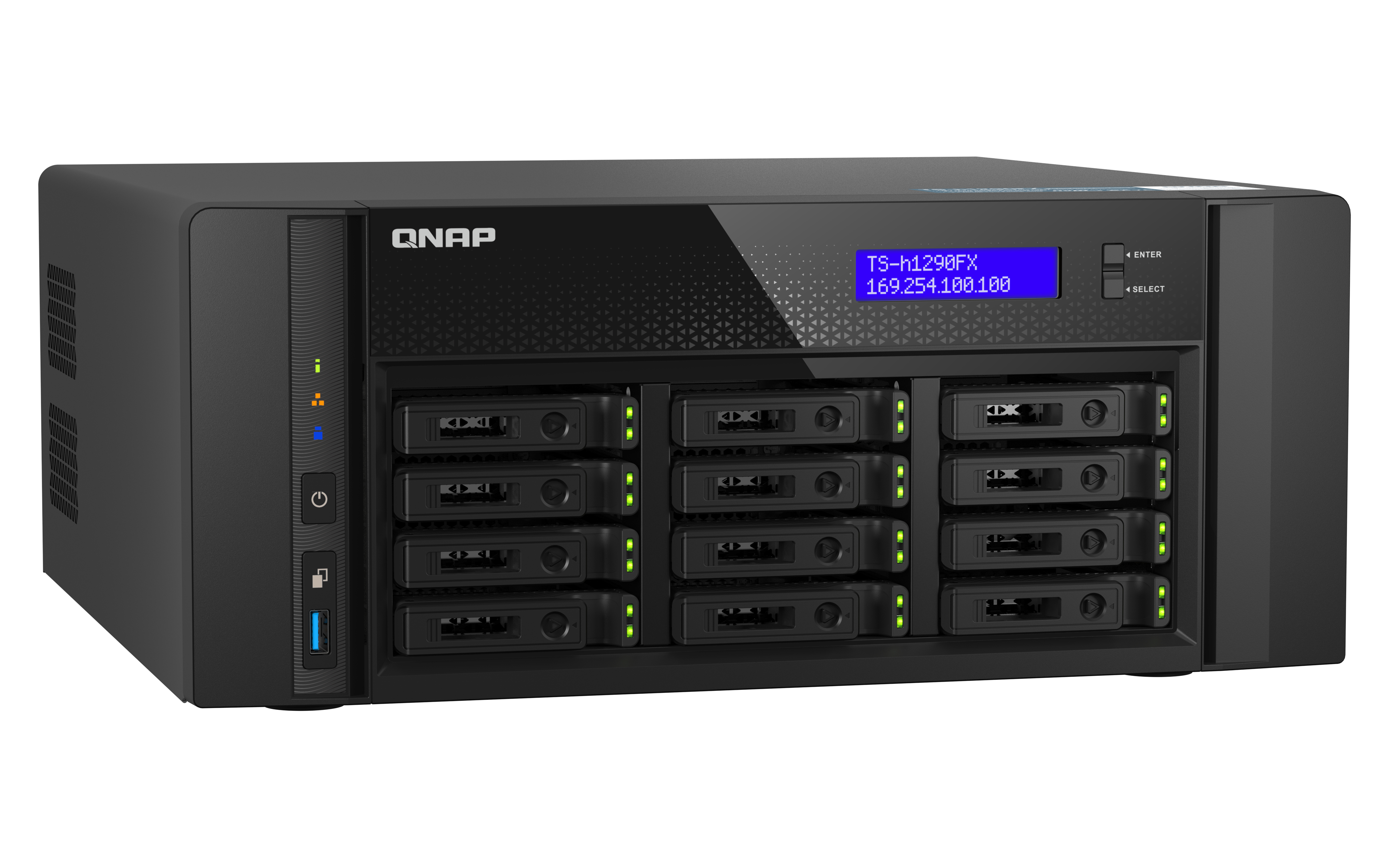Schwarzer QNAP NAS-Server. Vorderseite mit Bildschirm, 12 Einschüben. Weißer Hintergrund.