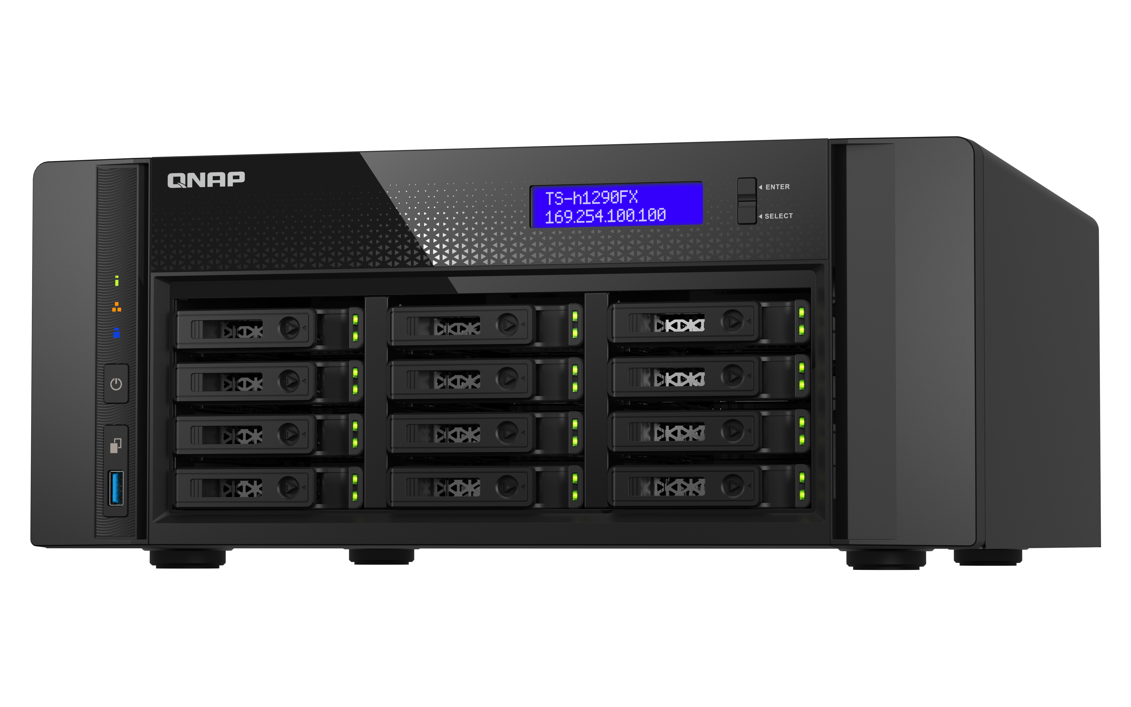 Schwarzer QNAP NAS-Server. Vorderseite mit Bildschirm, 12 Einschüben. Weißer Hintergrund.