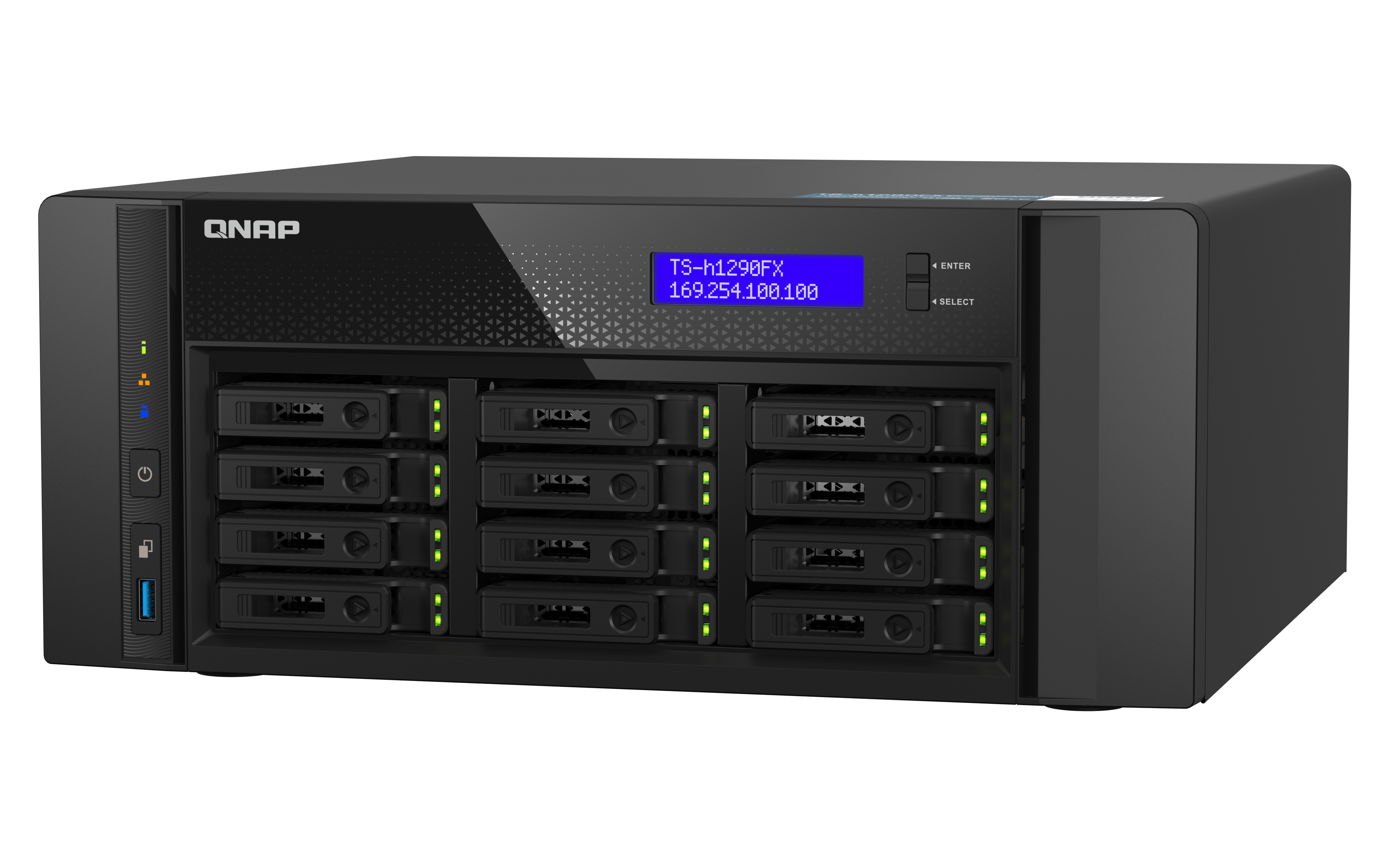 Schwarzer QNAP NAS-Server. Vorderseite mit Bildschirm, 12 Einschüben. Weißer Hintergrund.