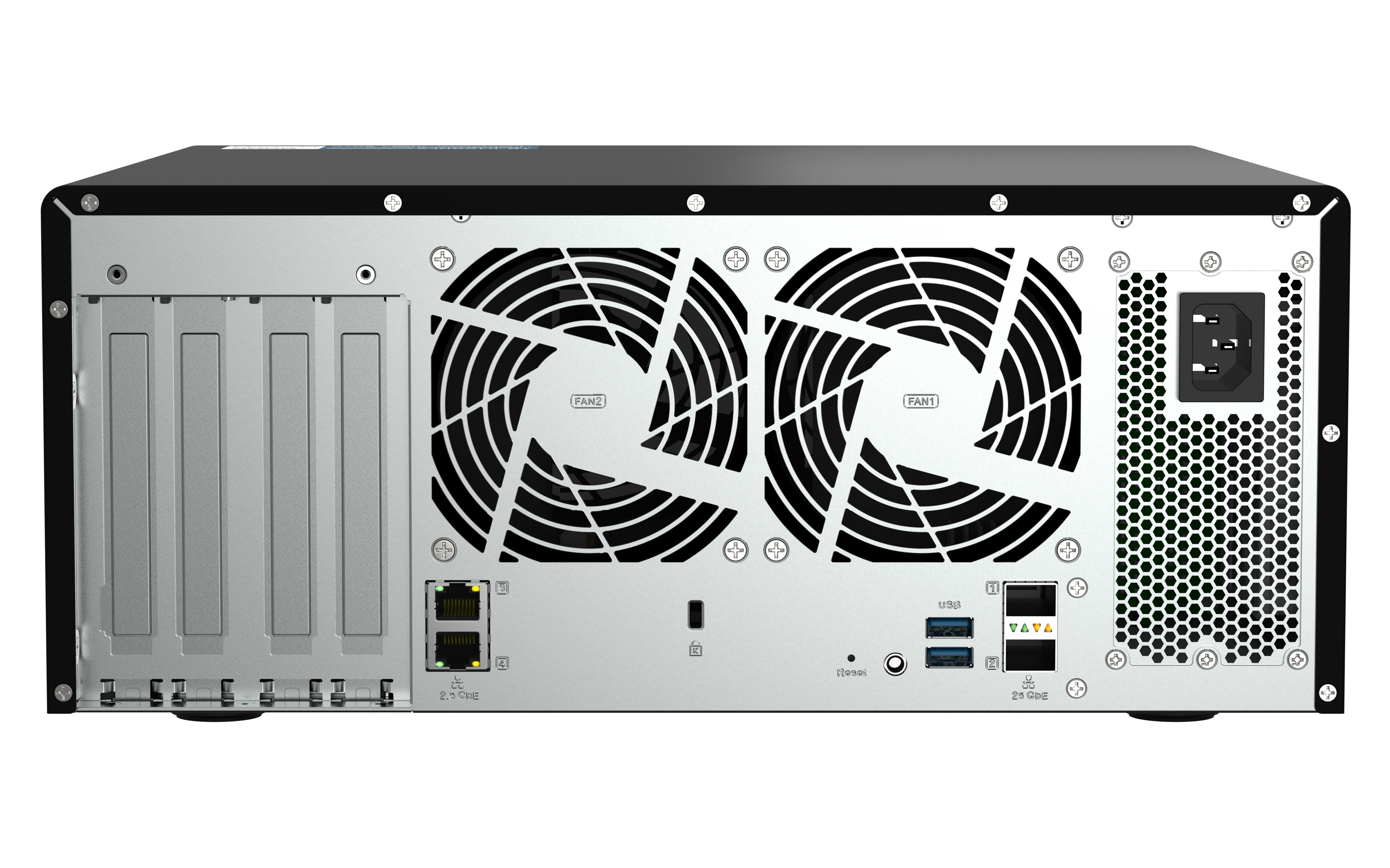 Rückansicht eines schwarzen NAS-Servers mit Lüftern, Anschlüssen und Stromanschluss.