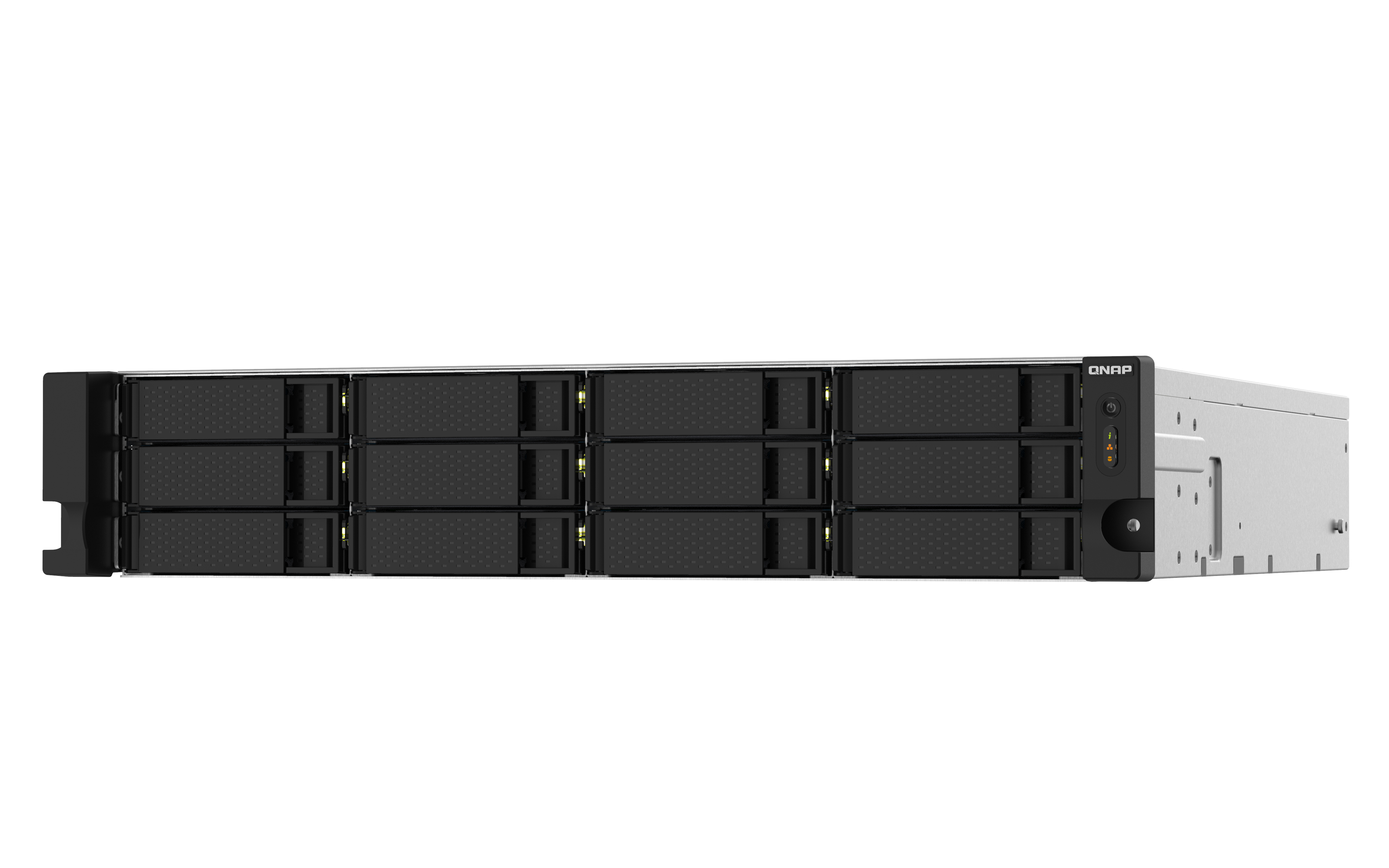 Un server NAS QNAP, argento e nero, con più vani disco. Il pannello frontale mostra il logo QNAP.