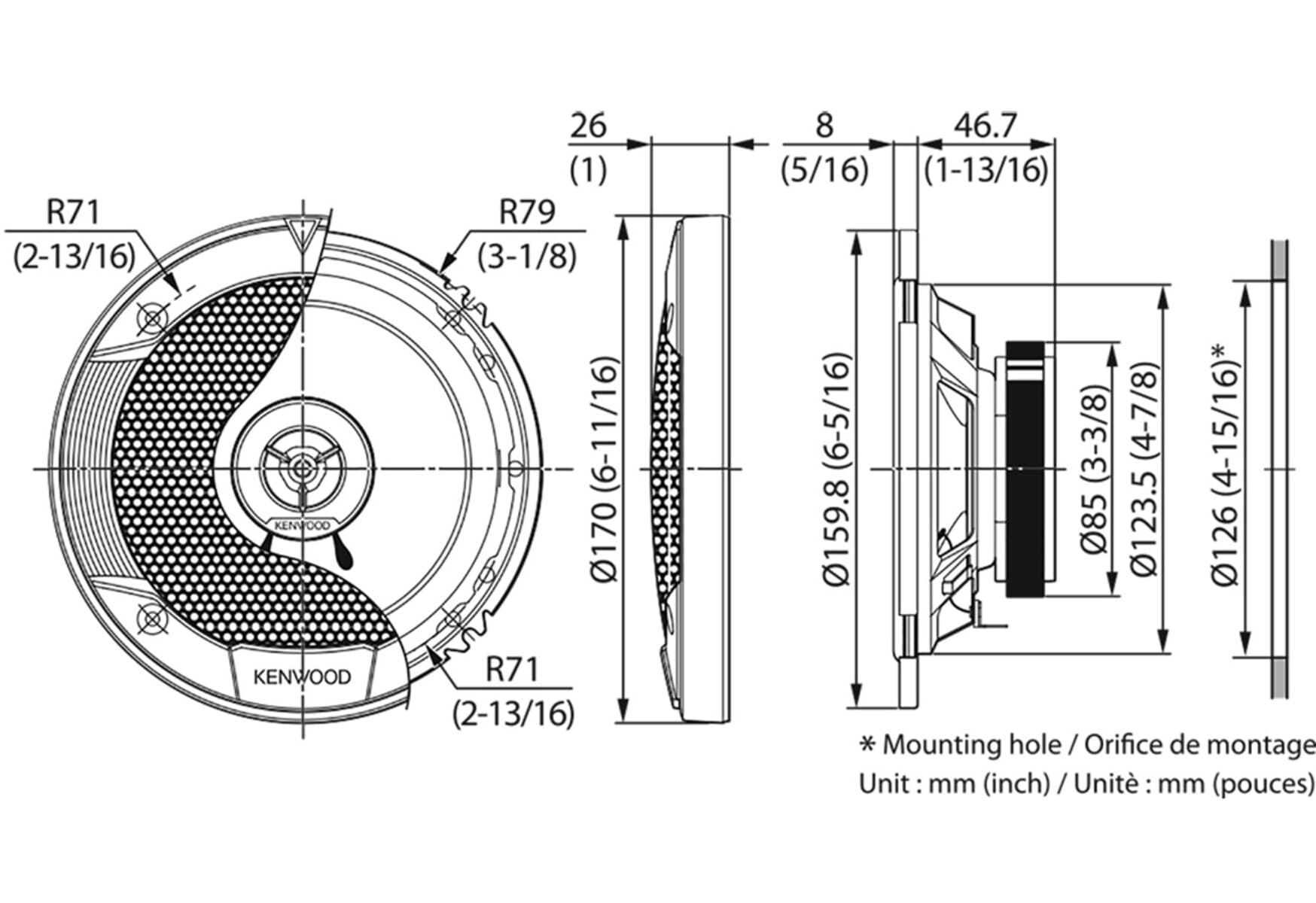Diagramma di un componente dell'altoparlante, dimensioni in mm e pollici.