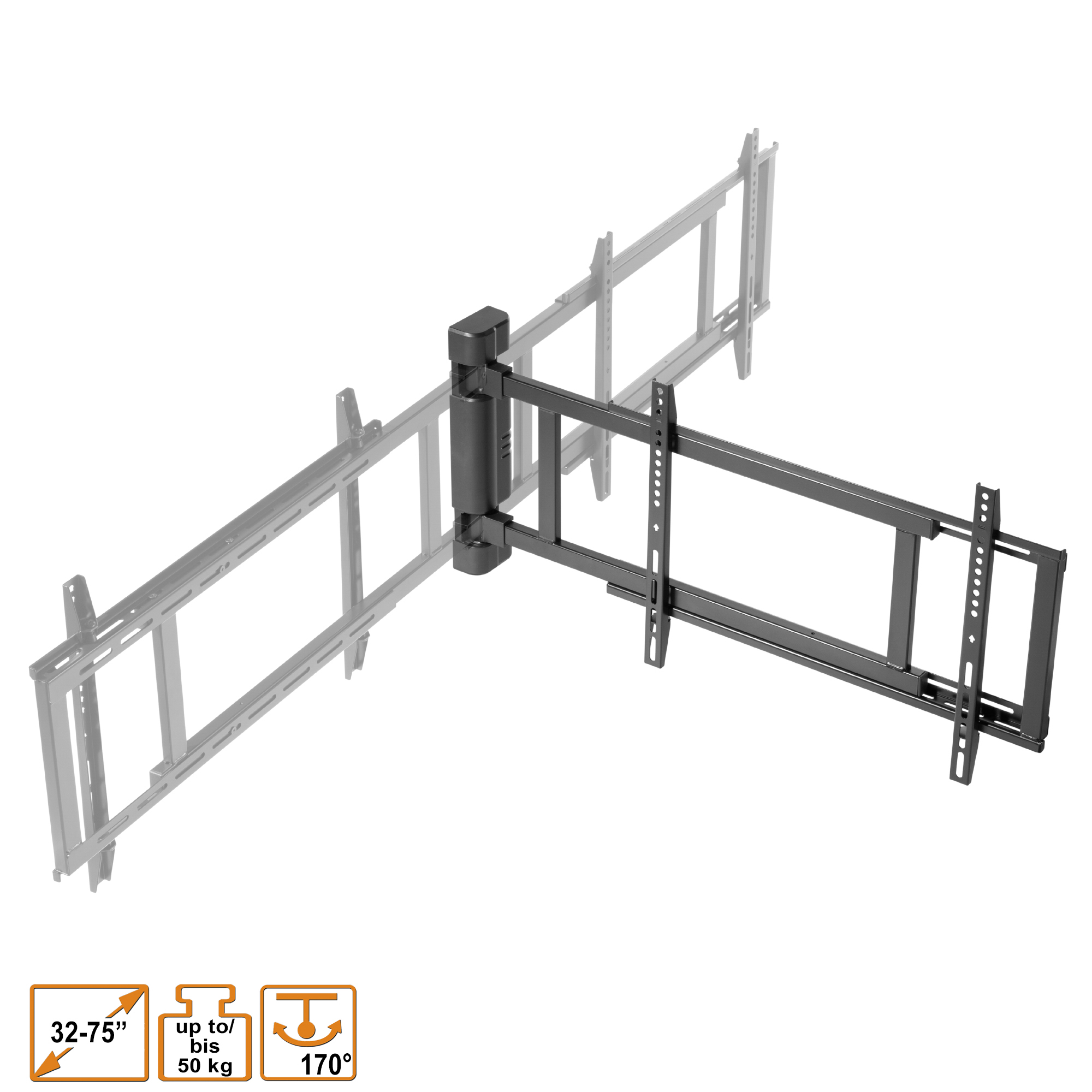 Schwarze TV-Halterung, verstellbar, mit horizontalem Arm und Halterung für den Fernseher.