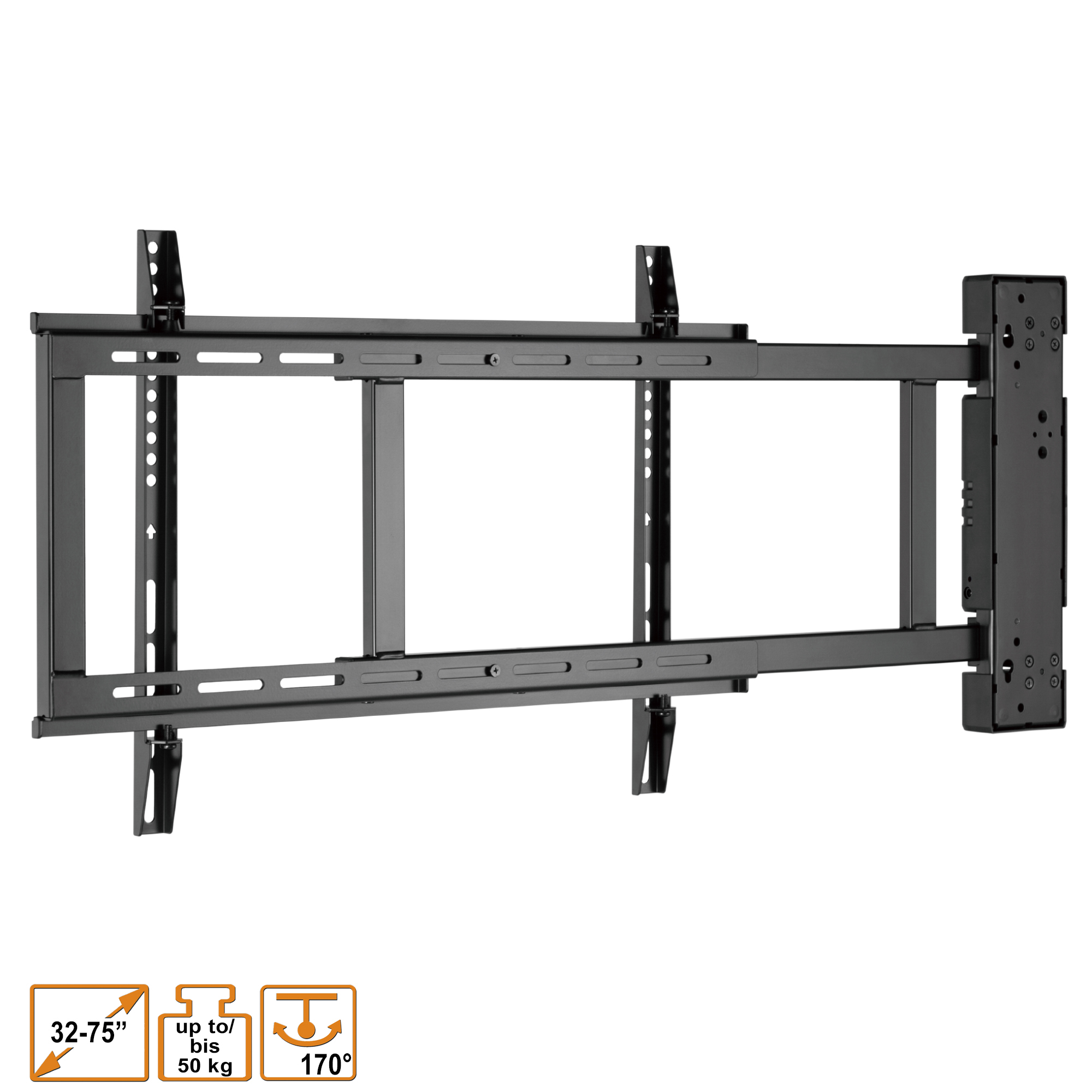 Eine schwarze TV-Halterung mit verstellbaren Armen und Halterungen.
