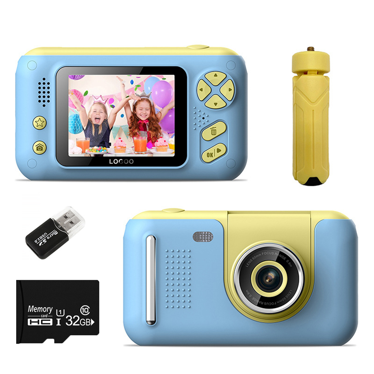 Niebiesko-żółty zestaw z aparatem z akcesoriami.