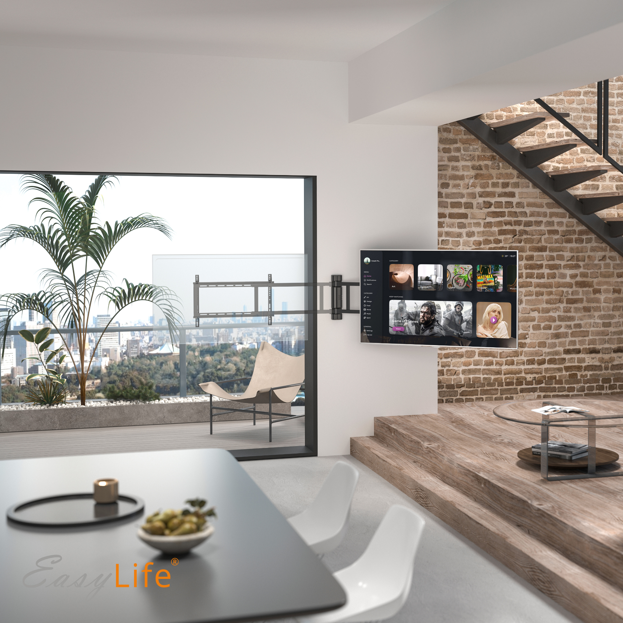 TV an der Wand, über einem Tisch und neben einem Fenster. Modernes Wohnzimmer.