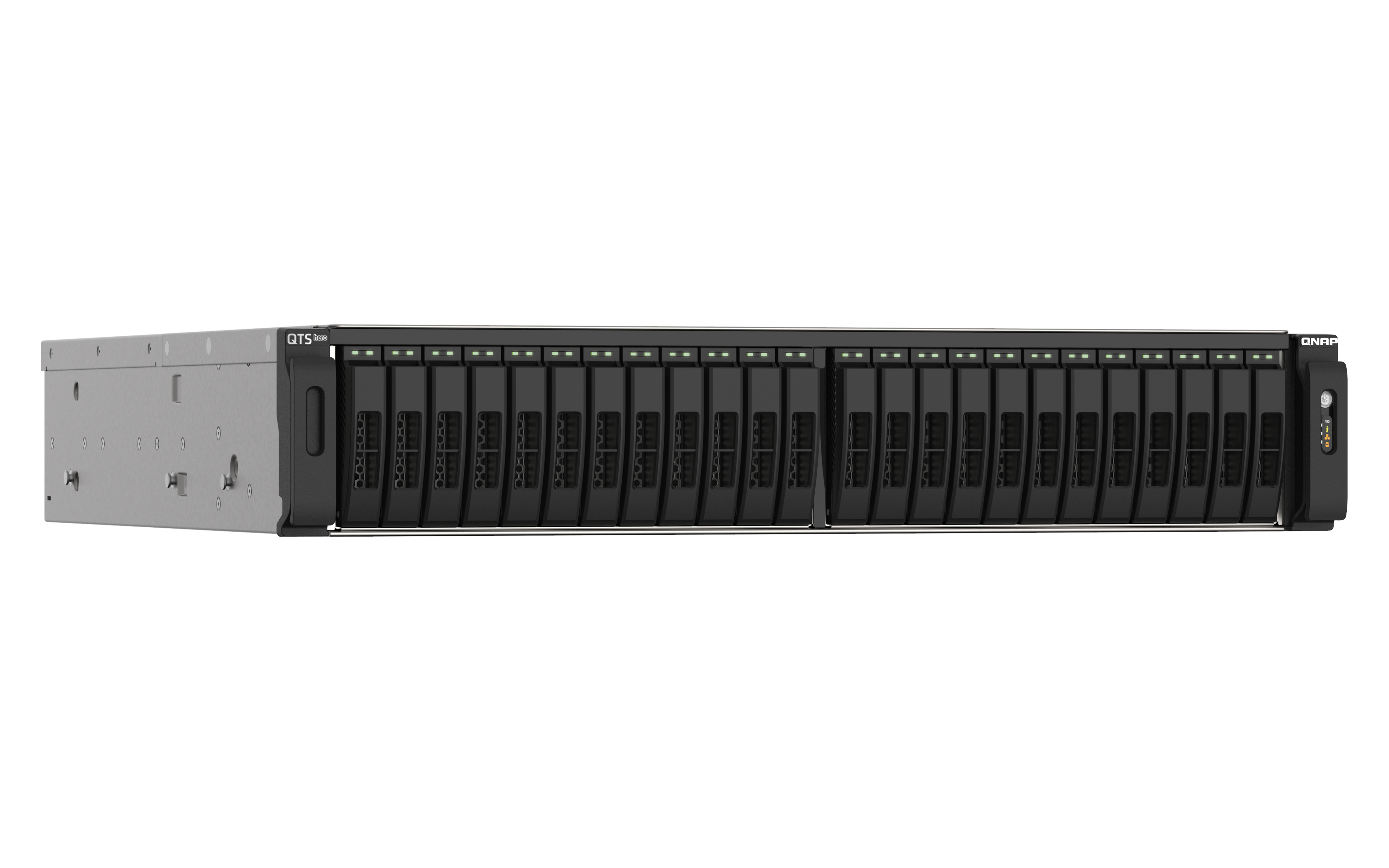 QNAP NAS-Server mit mehreren Festplatteneinschüben. Die Frontplatte zeigt das QTS-Logo und Laufwerksschachttüren.