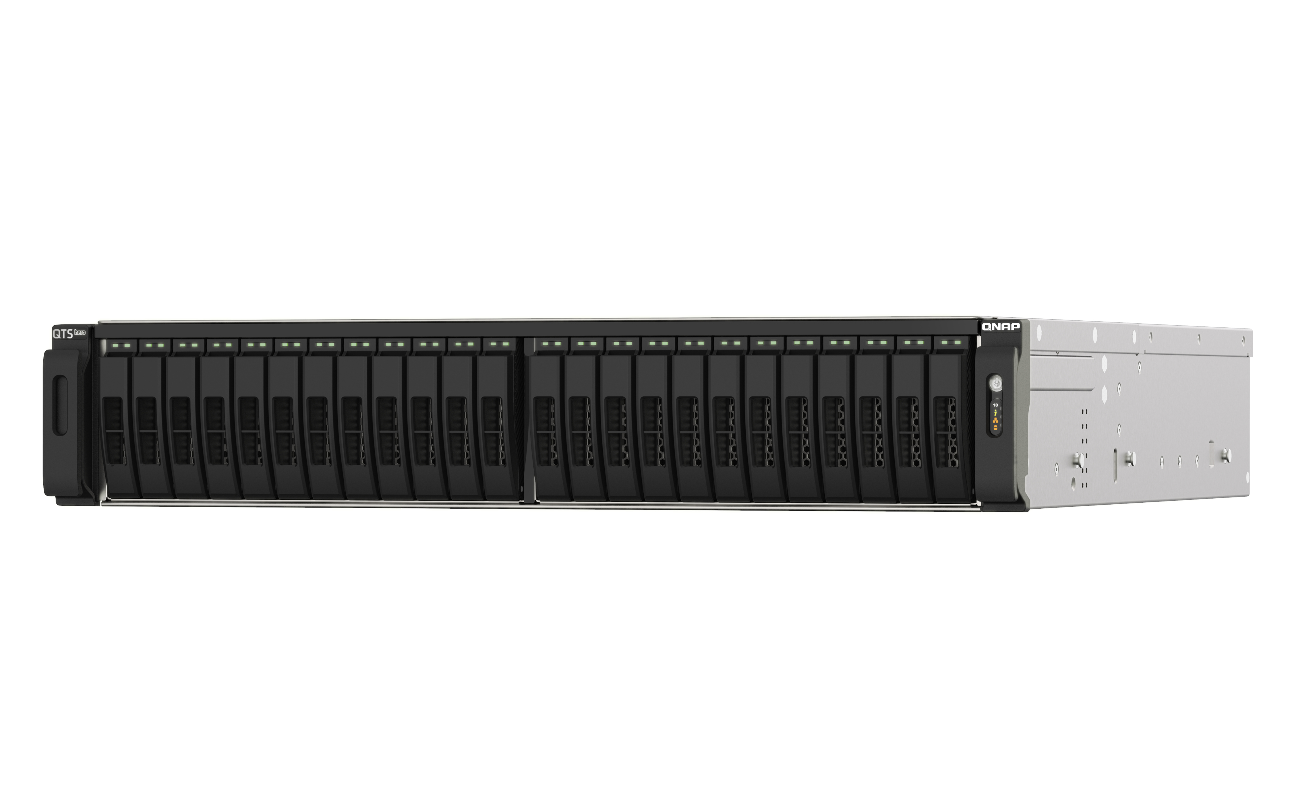 QNAP NAS-Server mit mehreren Festplatteneinschüben. Die Frontplatte zeigt das QTS-Logo und Laufwerksschachttüren.