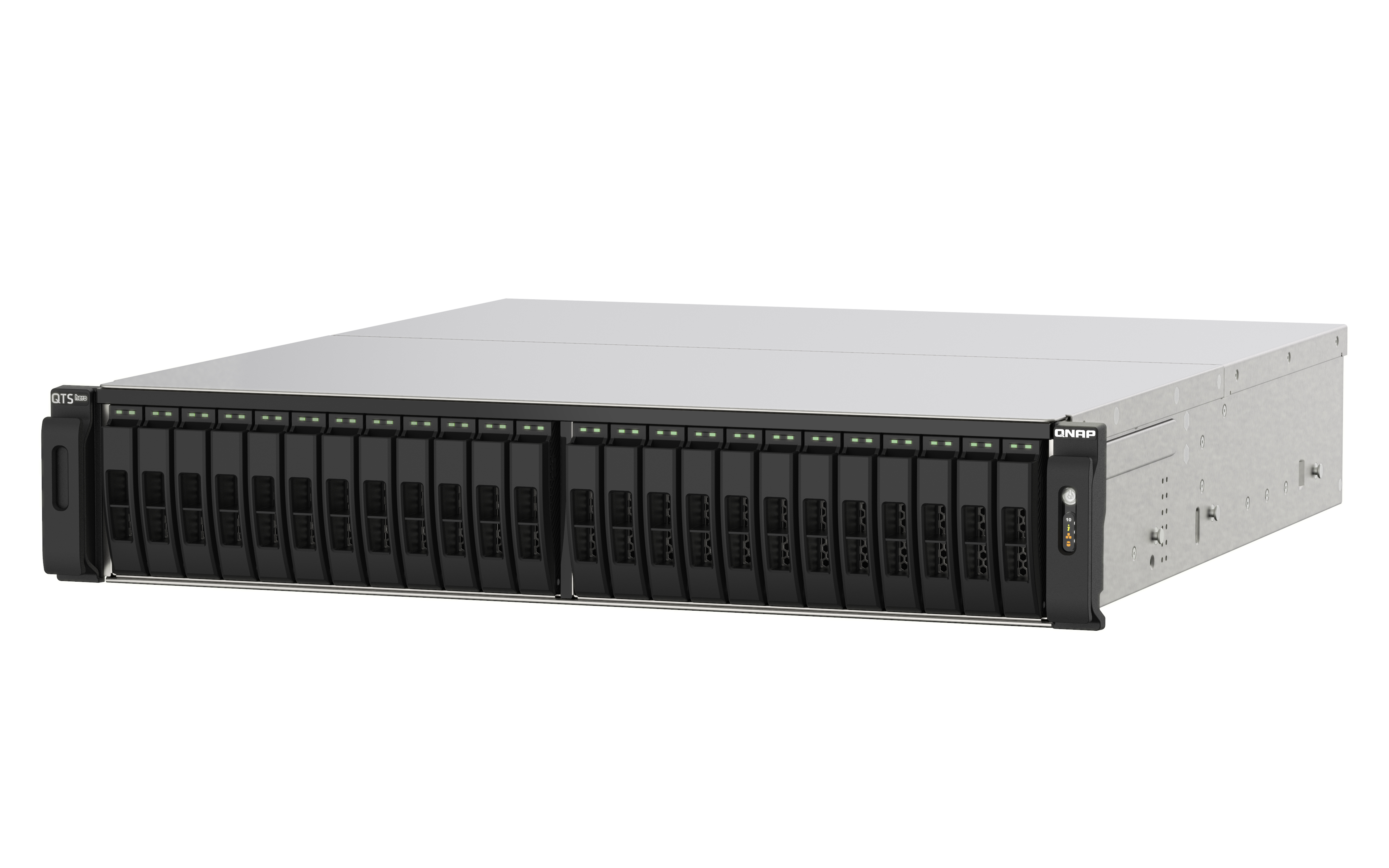 QNAP NAS-Server mit mehreren Festplatteneinschüben. Die Frontplatte zeigt das QTS-Logo und Laufwerksschachttüren.