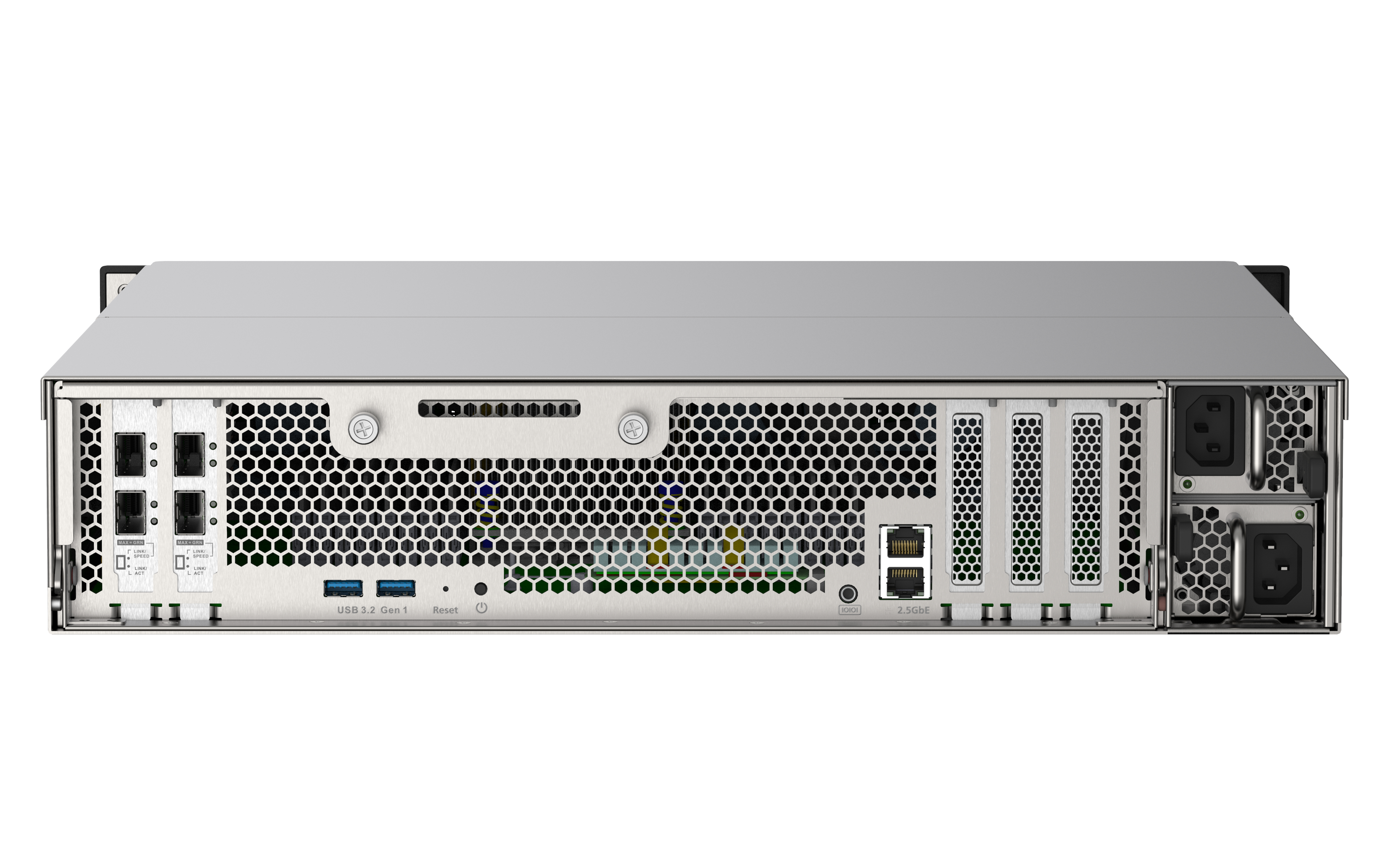 Rückansicht eines silbernen NAS-Servers mit Anschlüssen, einem Lüfter und Stromeingang. Der Server steht auf weißem Hintergrund.