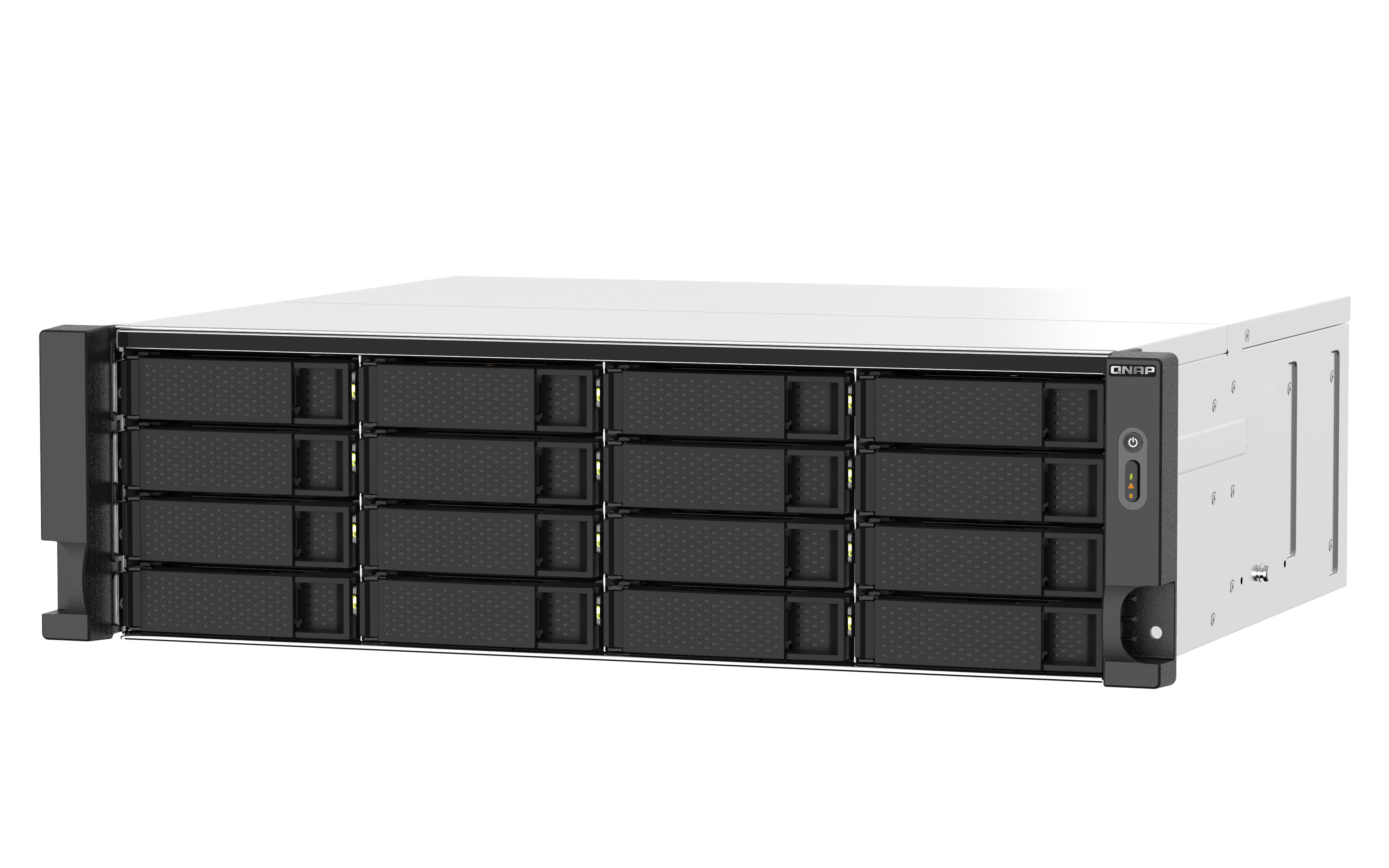 Un server NAS QNAP, argento e nero, con più vani disco. Il pannello frontale mostra il logo QNAP.