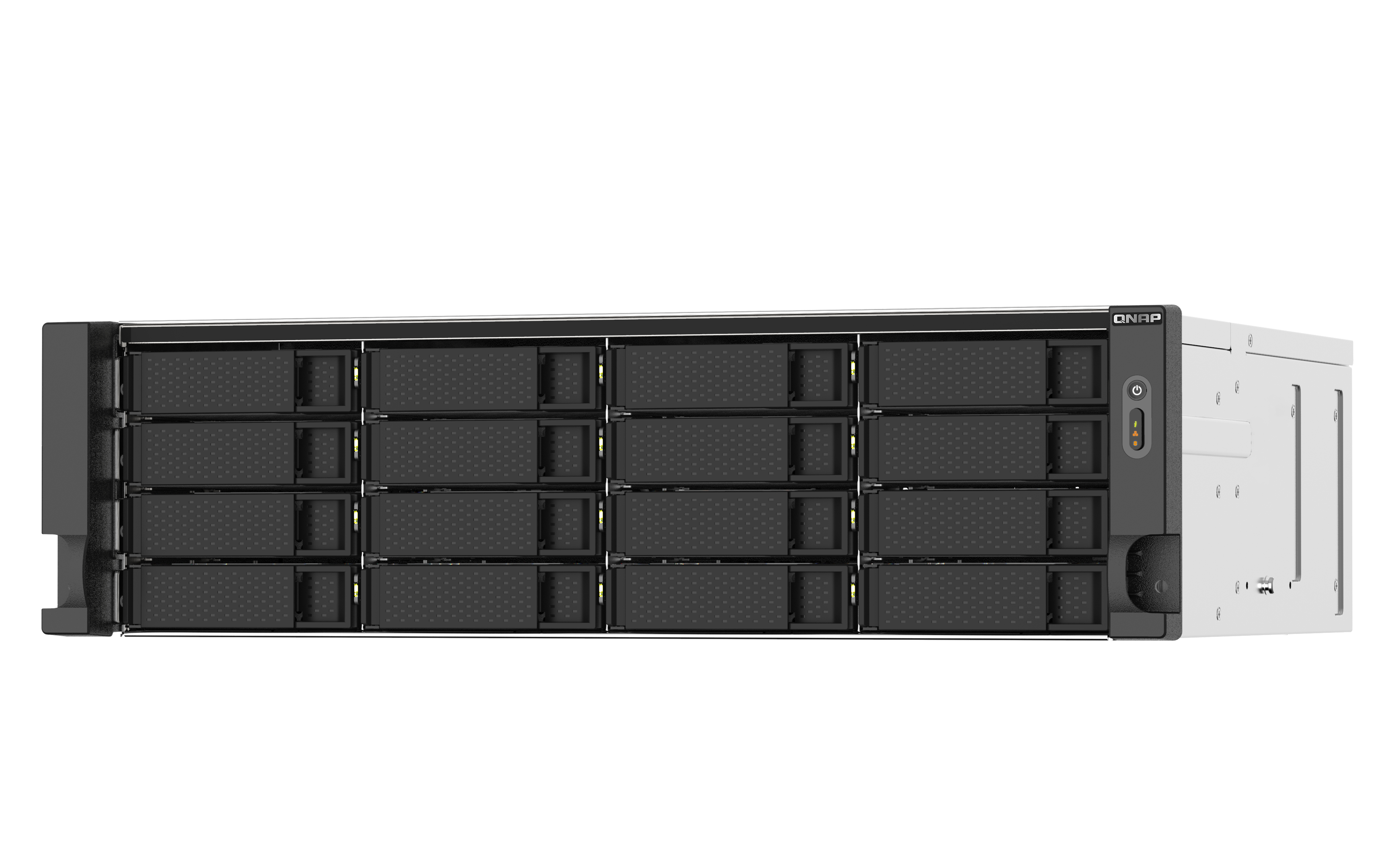 Un server NAS QNAP, argento e nero, con più vani disco. Il pannello frontale mostra il logo QNAP.