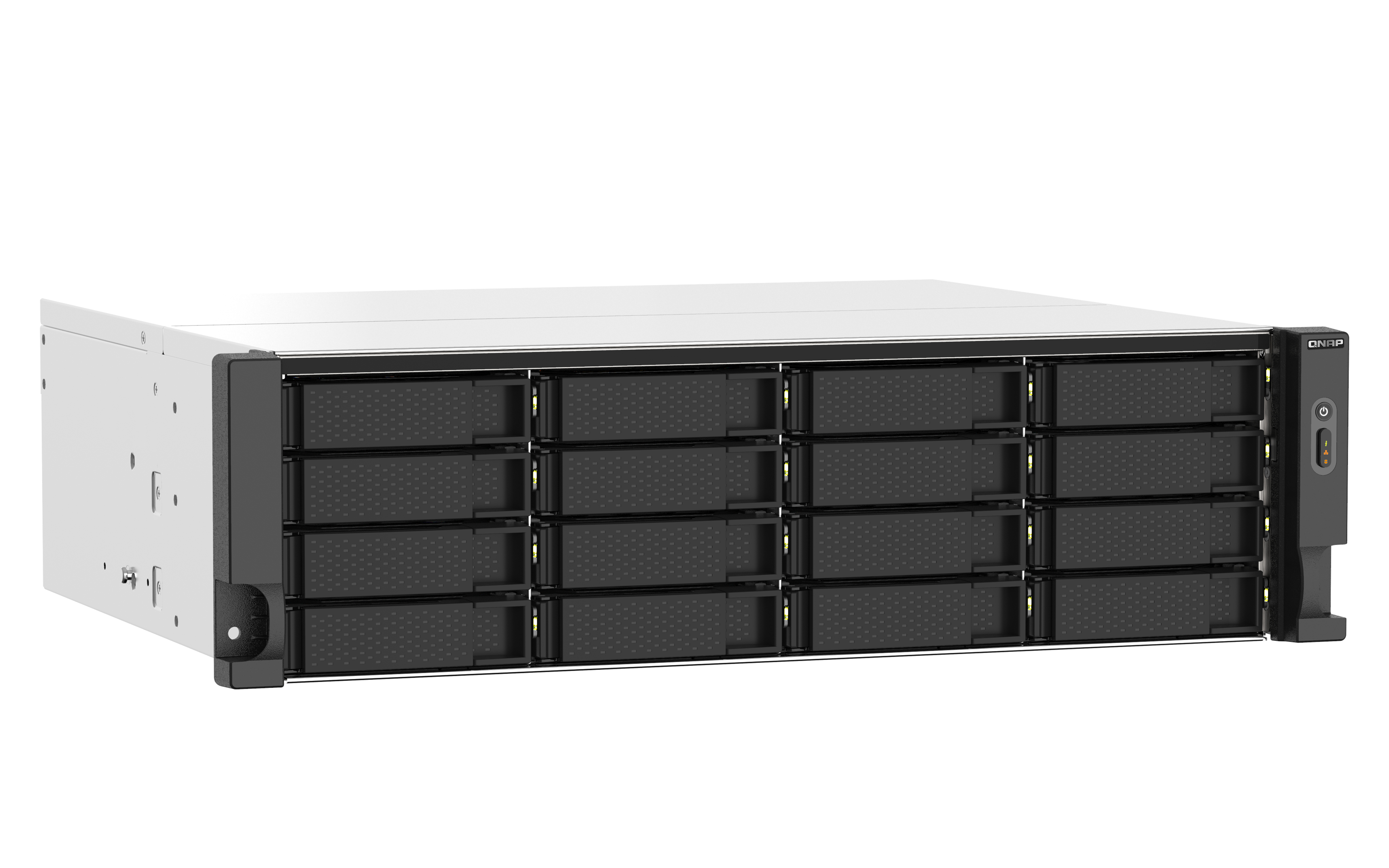 Un server NAS QNAP, argento e nero, con più vani disco. Il pannello frontale mostra il logo QNAP.