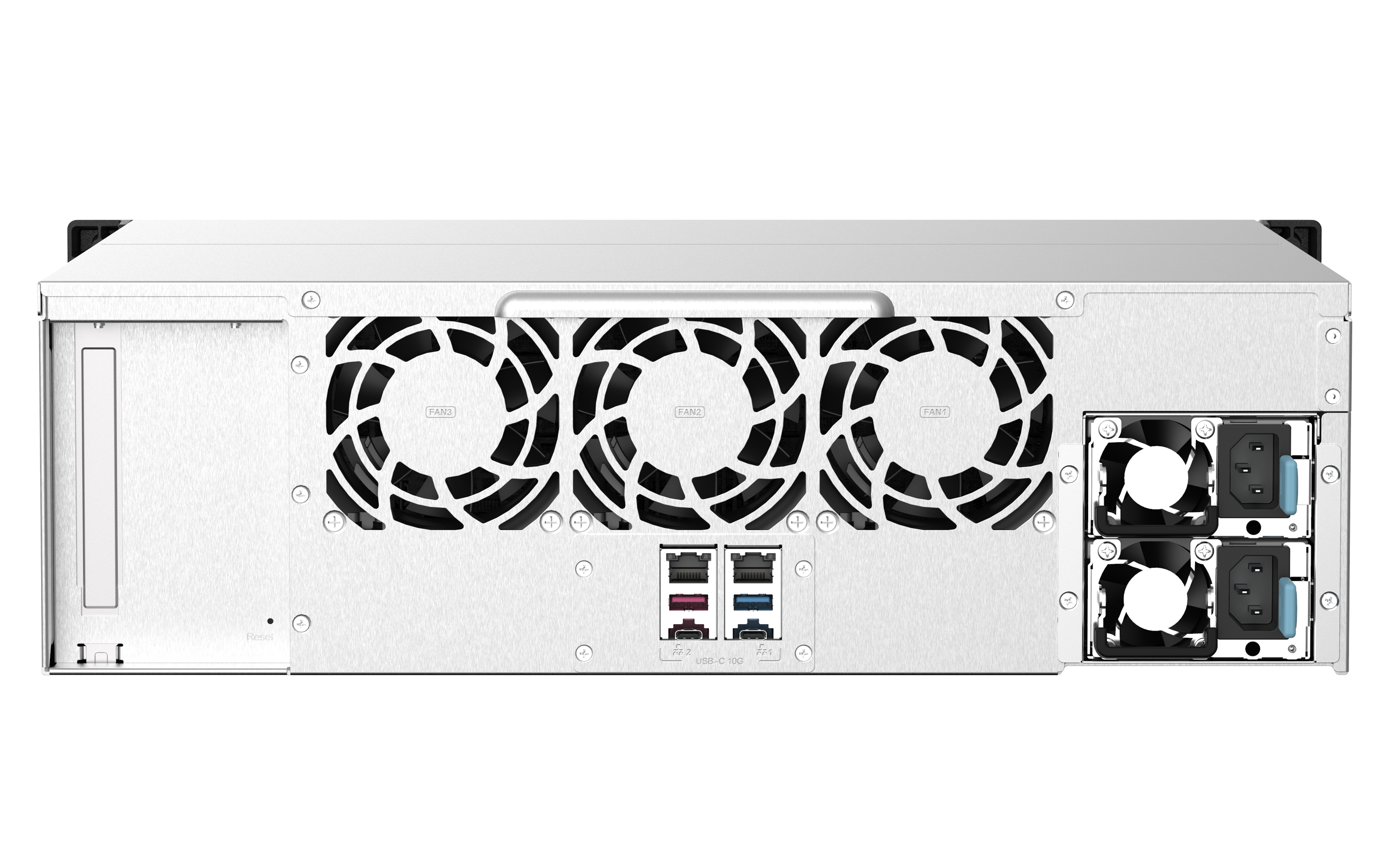 Vista posteriore server NAS. Ventole, porte e prese di alimentazione visibili.