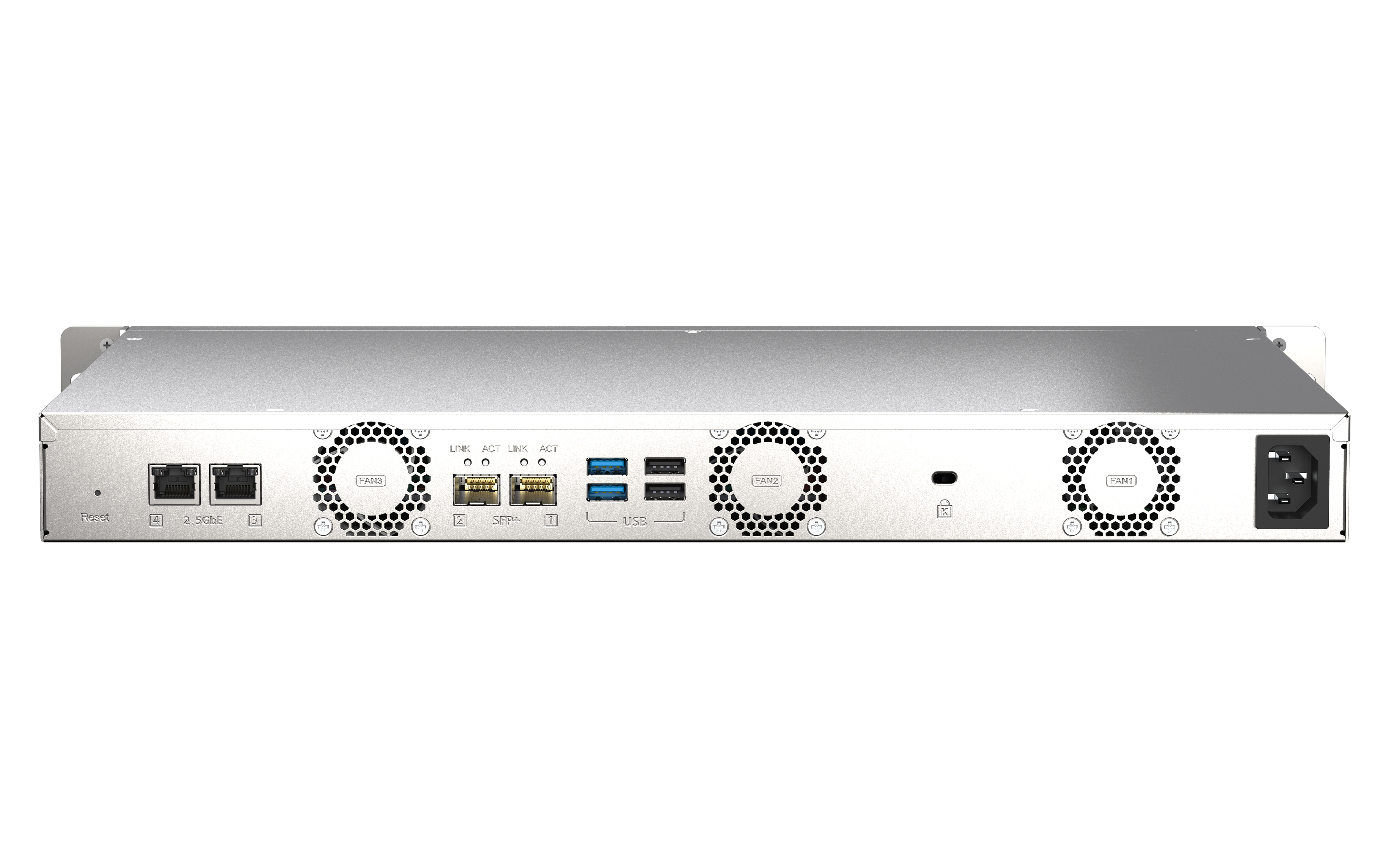 Vue arrière d'un serveur NAS argenté. Ports et ventilateurs visibles.