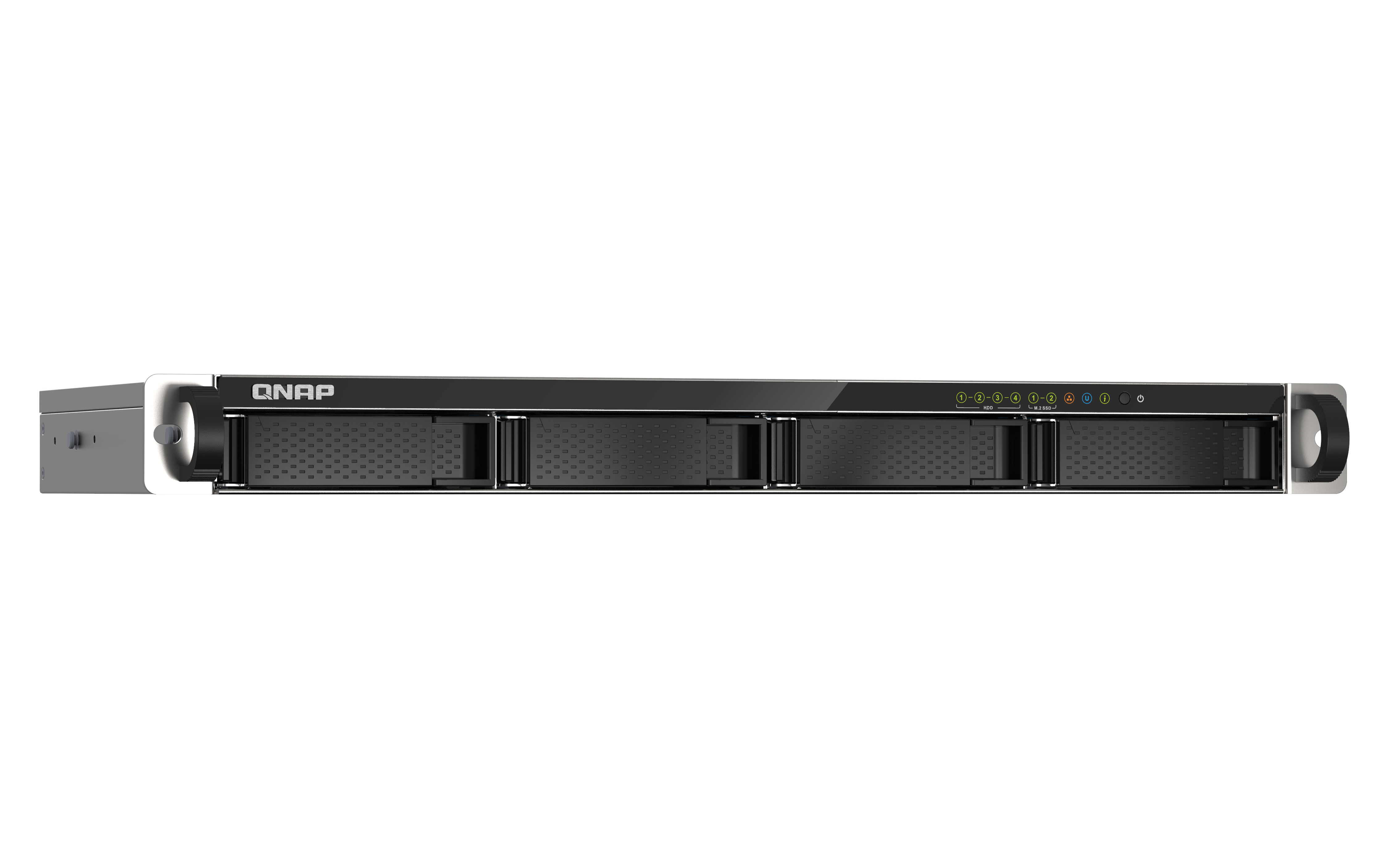 Serveur NAS QNAP, vue de face, avec baies et lumières.