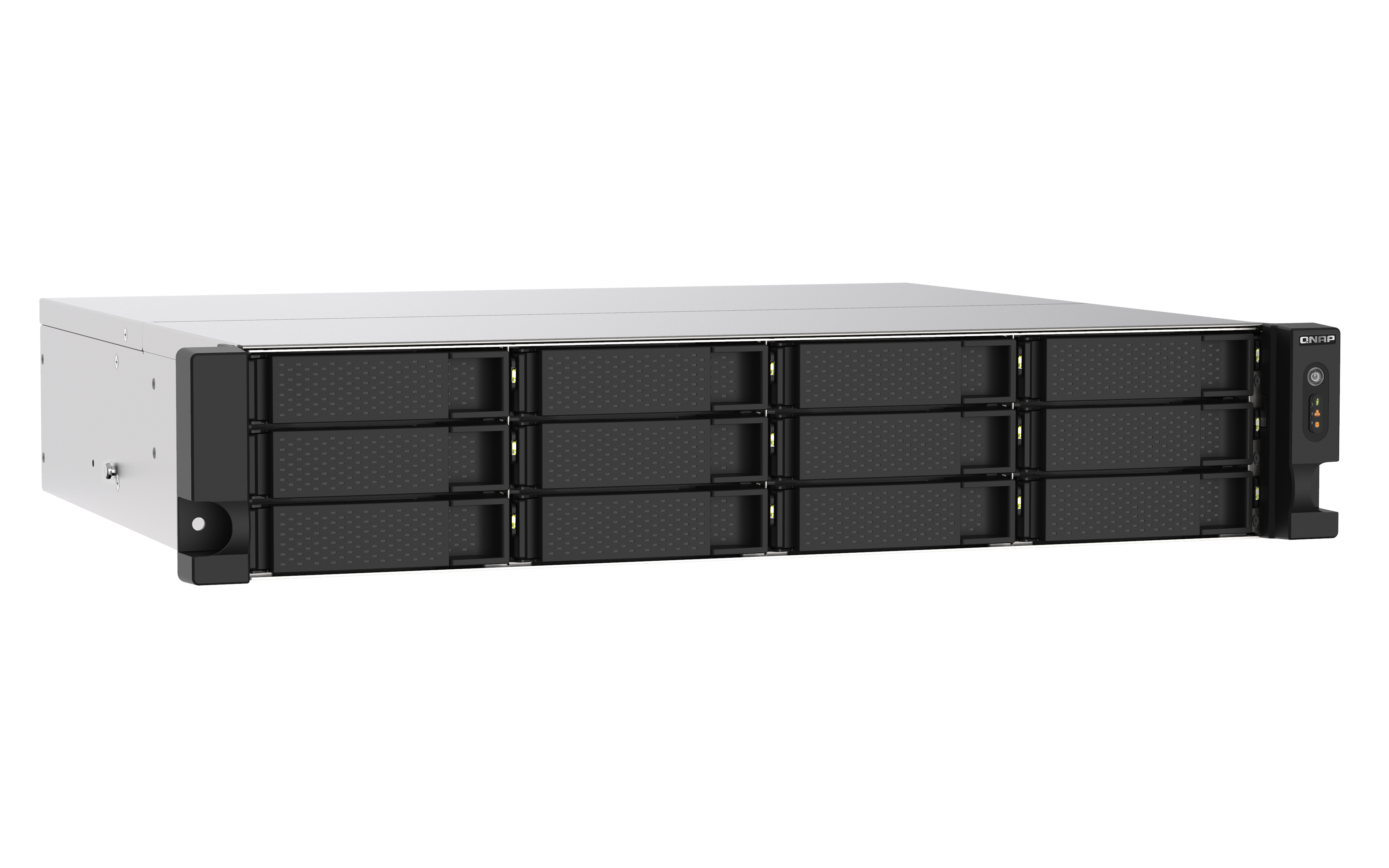 Server NAS, vista frontale angolata. Vani neri e pulsante accensione a destra.
