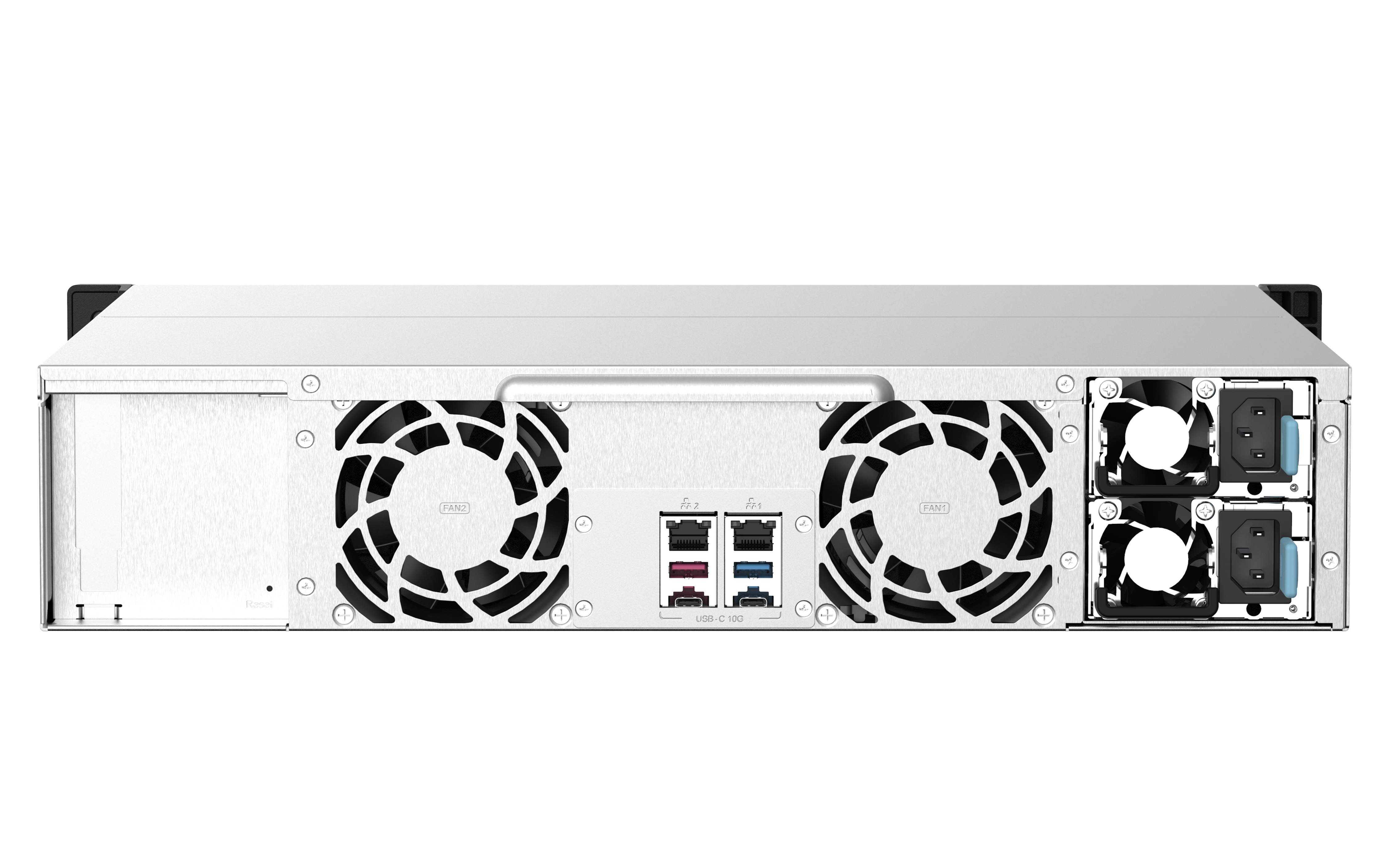 Vista posteriore server NAS. Ventole, porte e prese di alimentazione visibili.