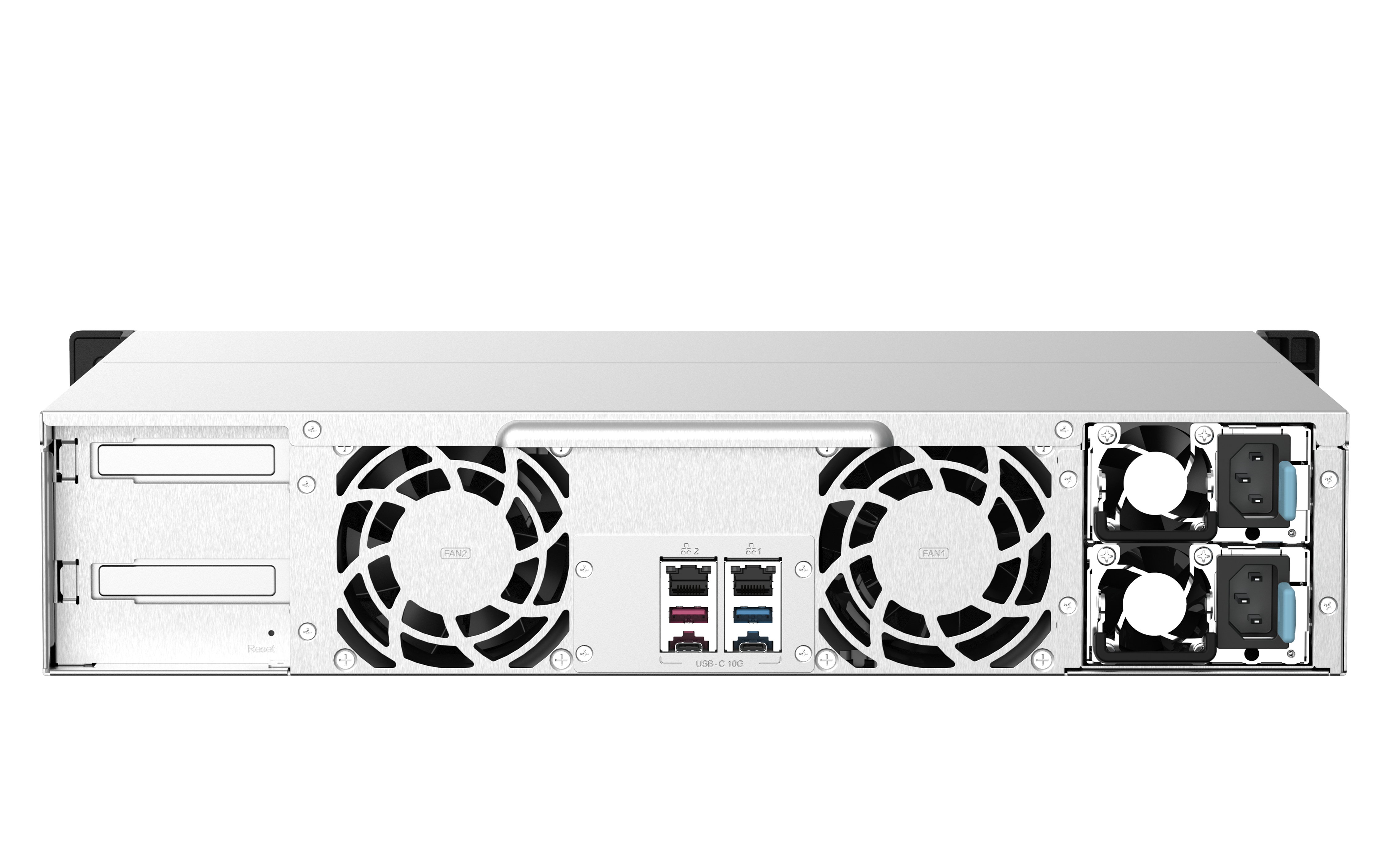 Vista posteriore server NAS. Ventole, porte e prese di alimentazione sul retro.