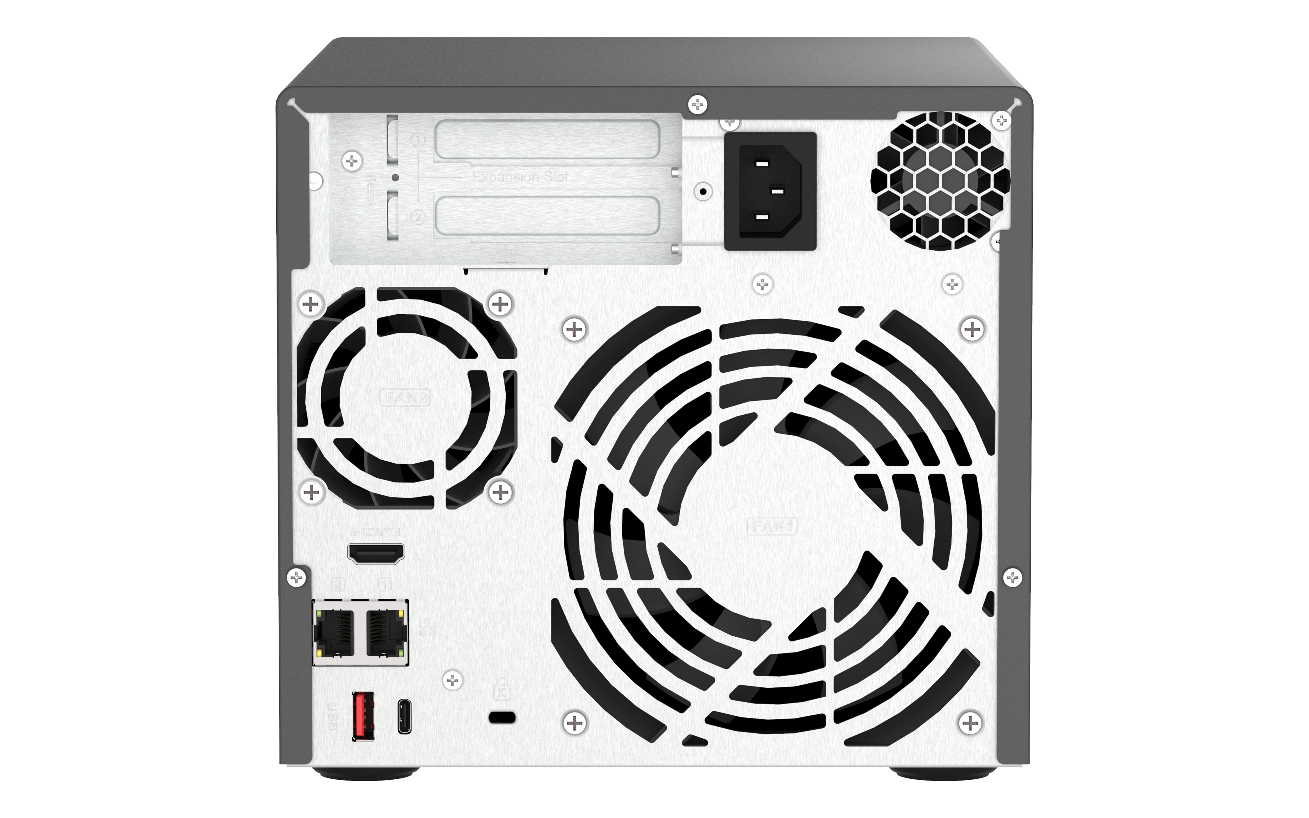 Rückansicht eines schwarzen NAS-Servers mit Lüfter, Stromanschluss und verschiedenen Anschlüssen. Silberne Platte.
