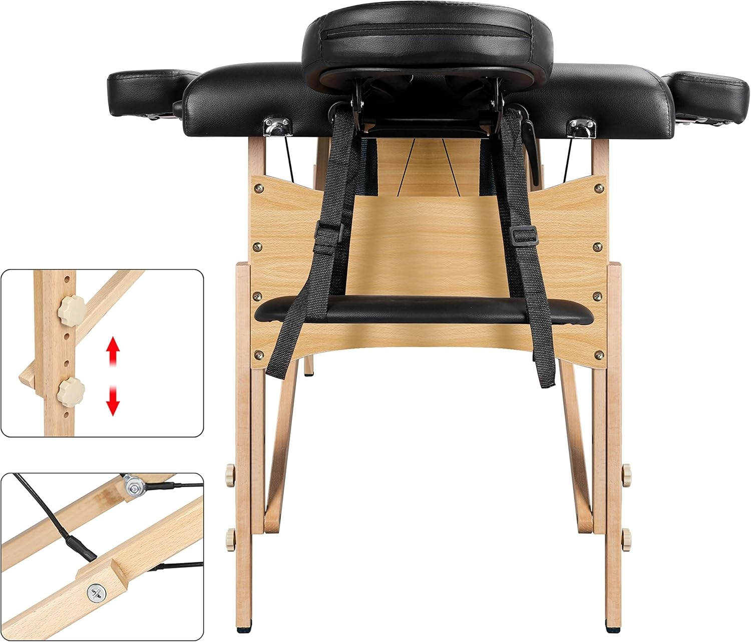 Ein Massagetisch aus Holz mit schwarzer Kopfstütze, Armlehnen und einer Stützstange, mit Einstellungsdetails.