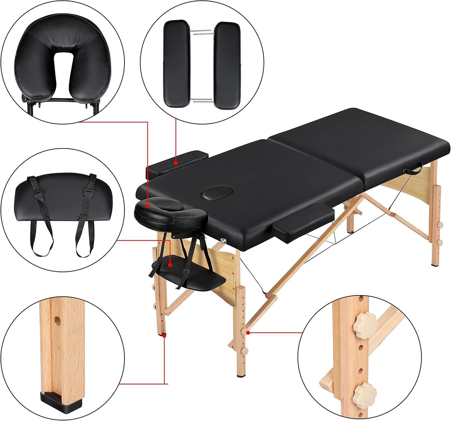 Massagetisch mit Kopfstütze, Armlehnen, Gesichtskissen und Beinen.