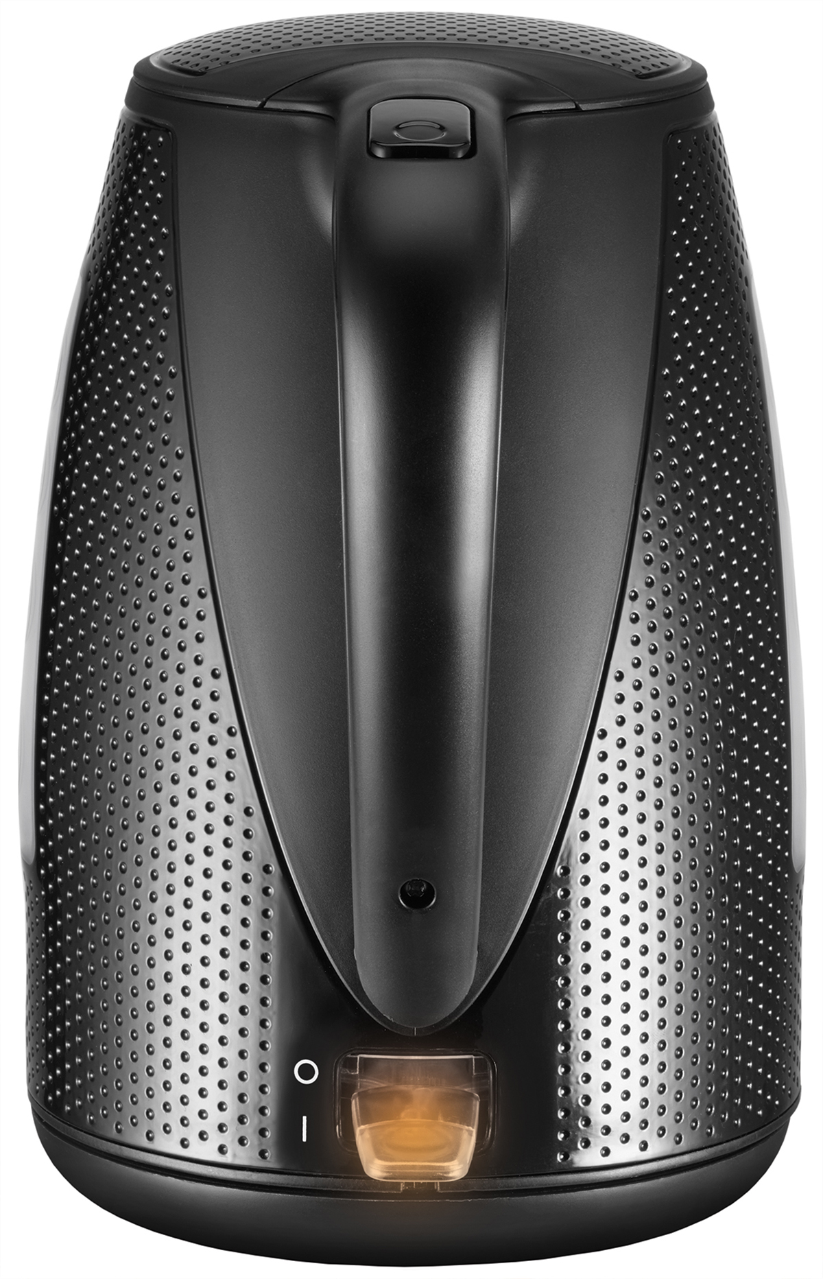 Czajnik elektryczny z czarnym przyciskiem zasilania i lampką kontrolną.