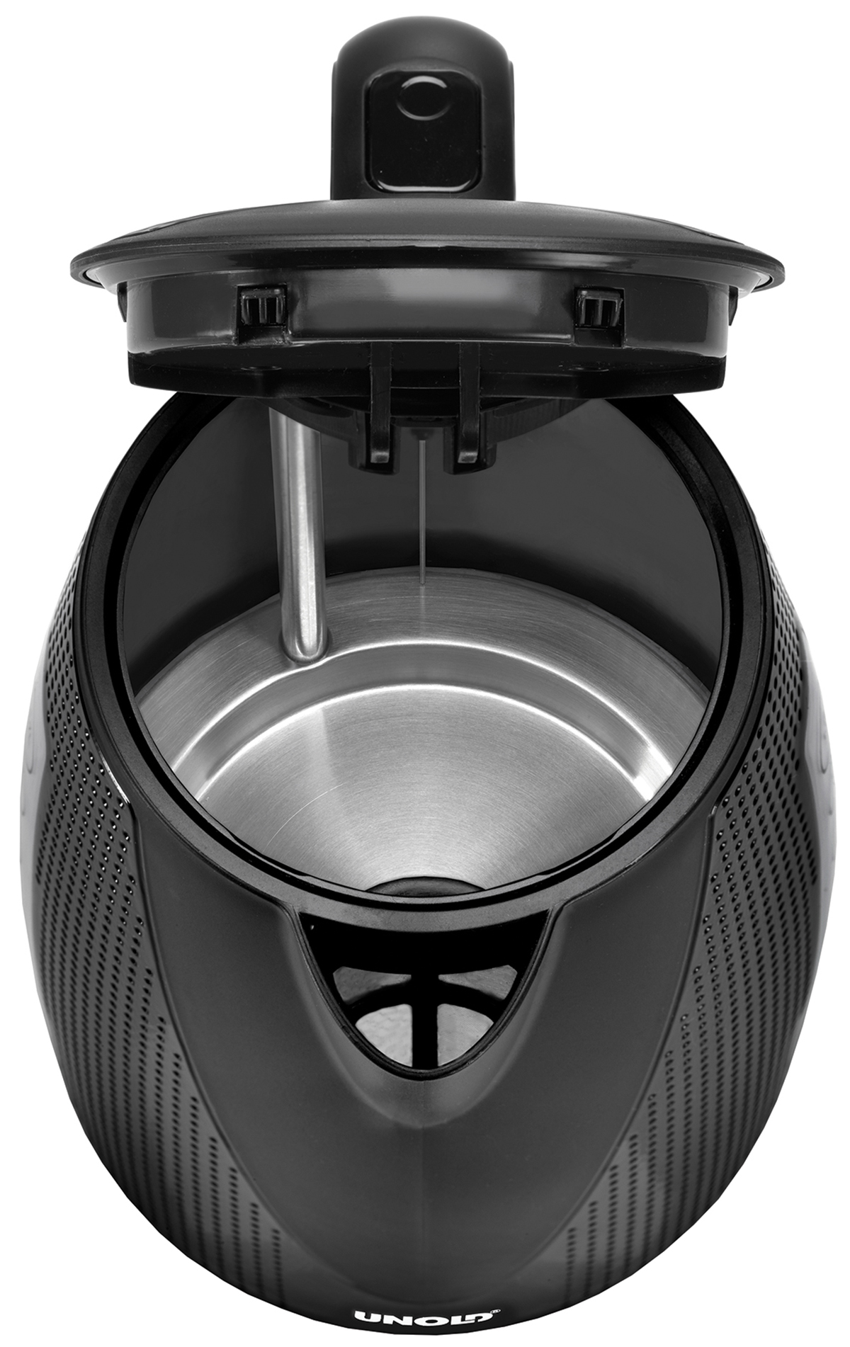 Czarny czajnik elektryczny, otwarty. Wnętrze jest ze stali nierdzewnej, z elementem grzejnym i pokrywą.